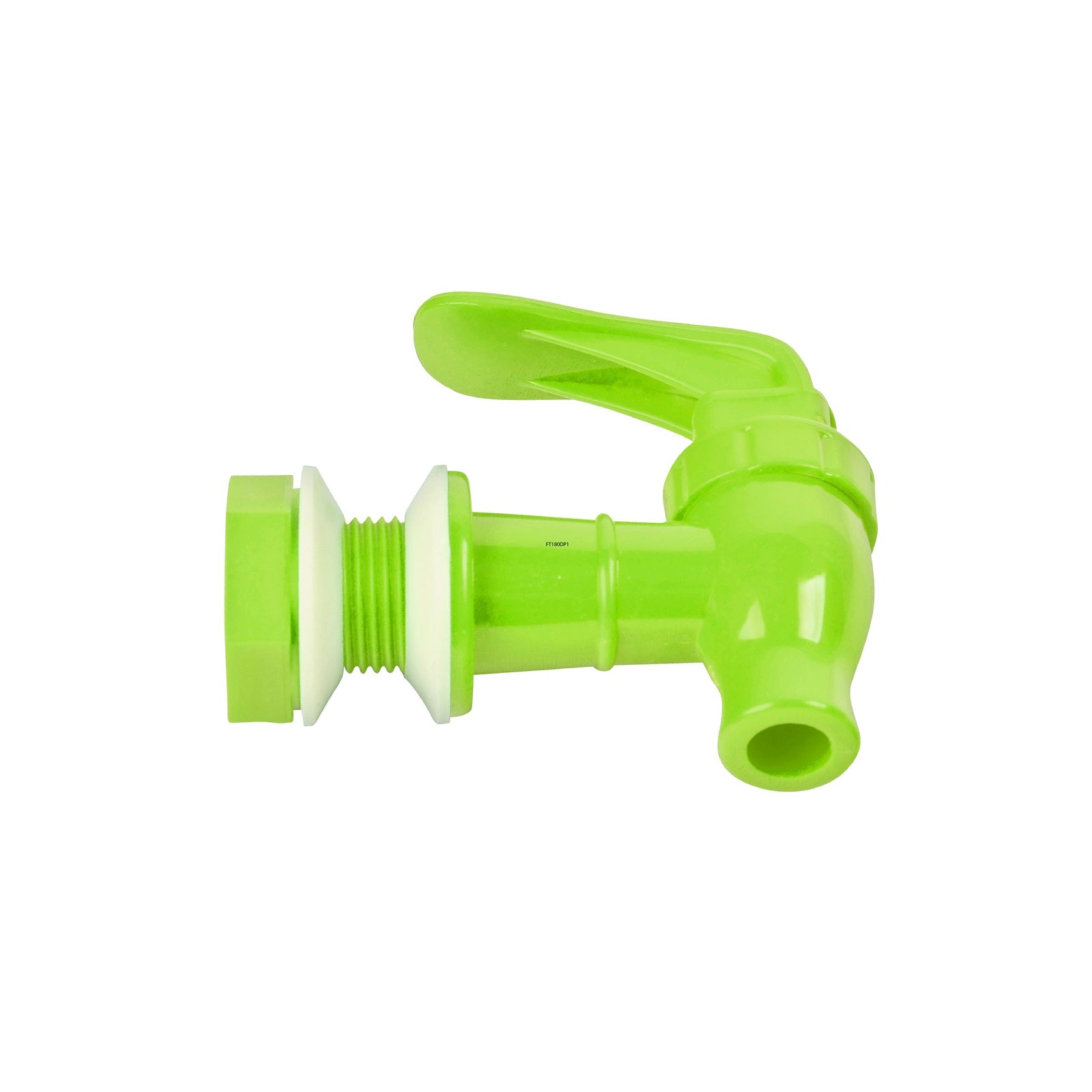 The Brio Water Dispenser Replacement Valves (6-Pack) in bright green are BPA-free, food-grade plastic valves with lever handles and threaded connectors for easy attachment to your bottle dispenser. Shown in side view on a white background.