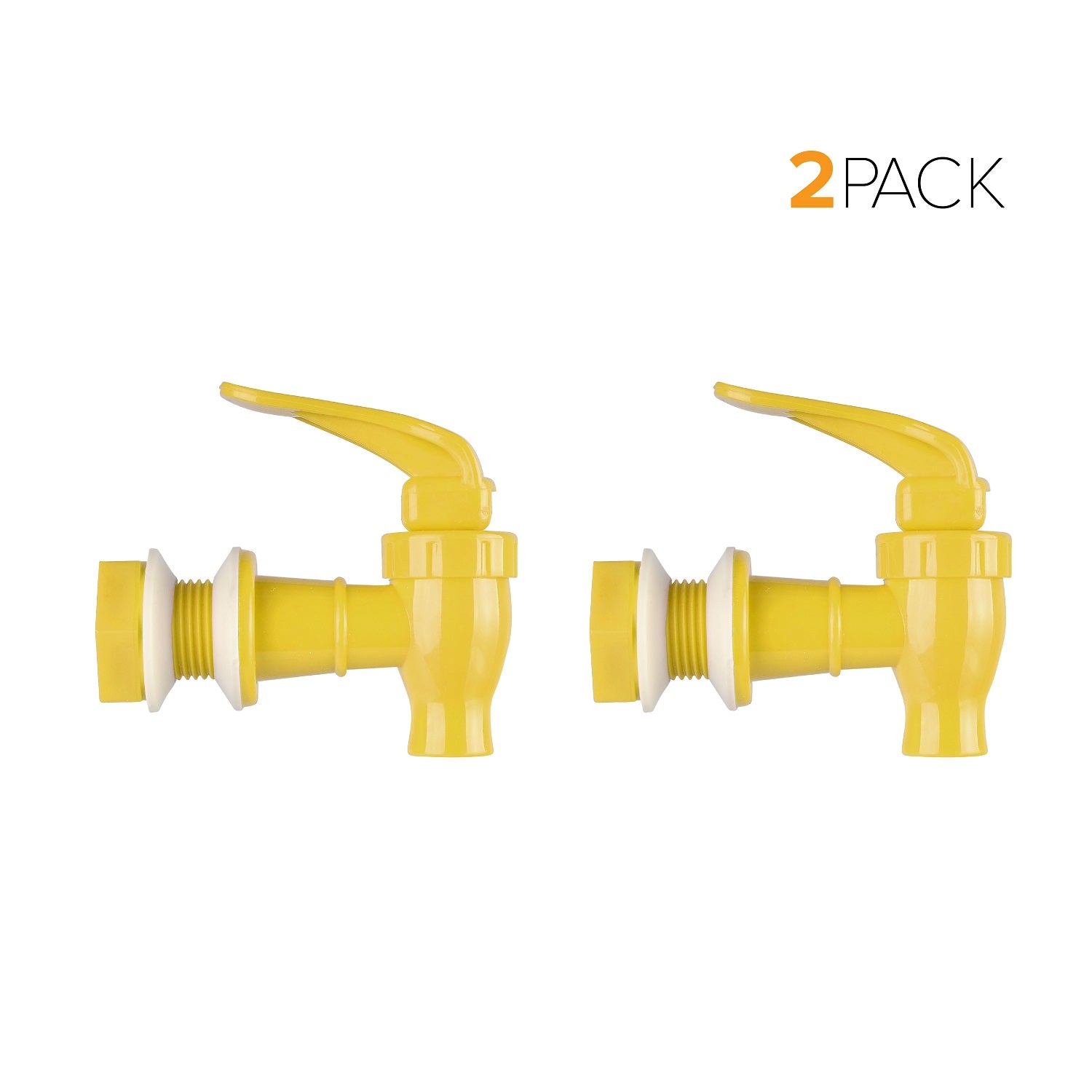 Two yellow Brio Water Dispenser Replacement Valves (2-Pack) with white washers are displayed side by side on a white background—perfect for BPA free bottle dispensers or porcelain crocks. "2 PACK" text is shown in the top right corner.