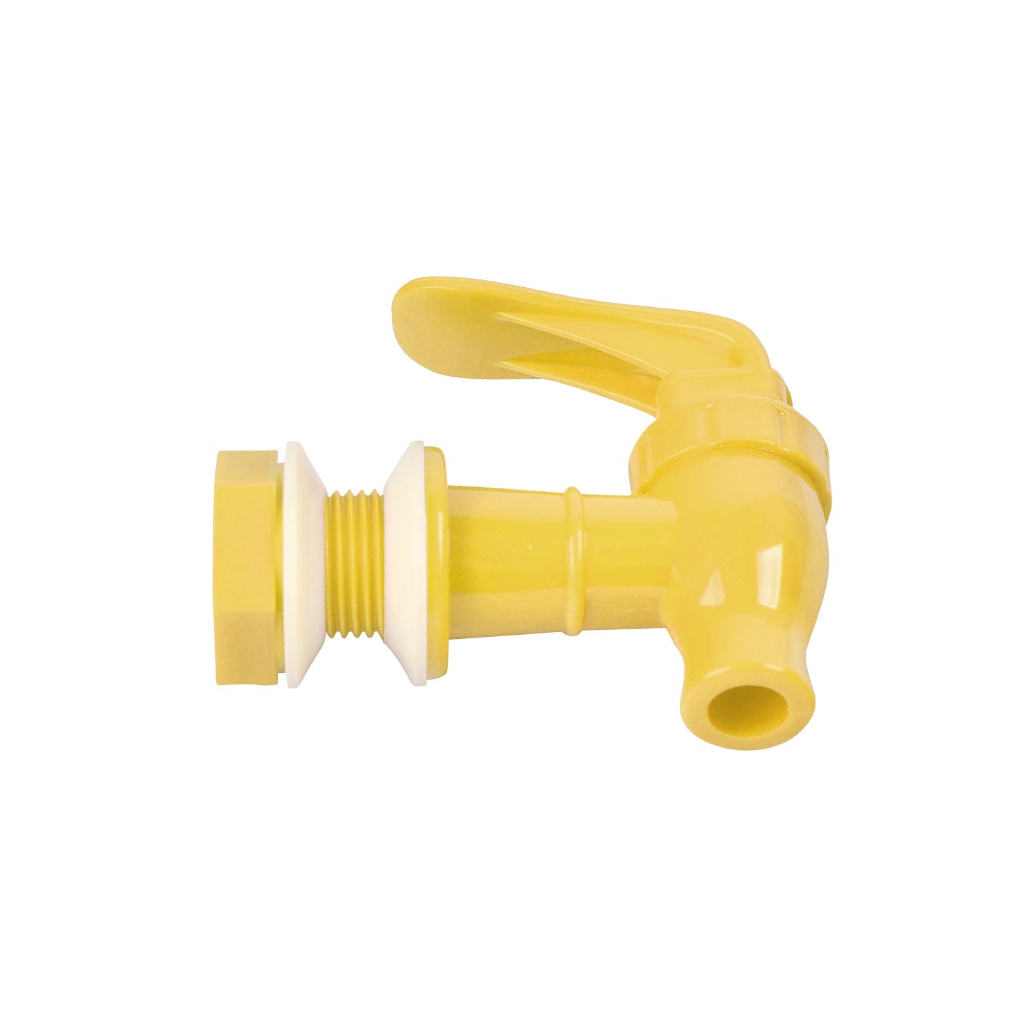 The Brio Water Dispenser Replacement Valves (2-Pack) in yellow, with lever handles and threaded connectors, are BPA-free and perfect for water bottle dispensers or porcelain crocks. Shown against a plain white background.