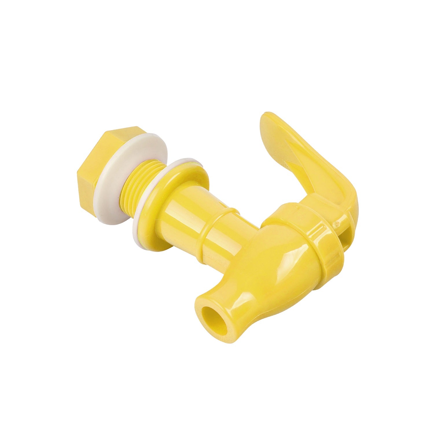 Brio Water Dispenser Replacement Valves (2-Pack) in yellow plastic with lever handle and threaded end, designed for dispensing liquids from water bottle dispensers or porcelain water crocks.