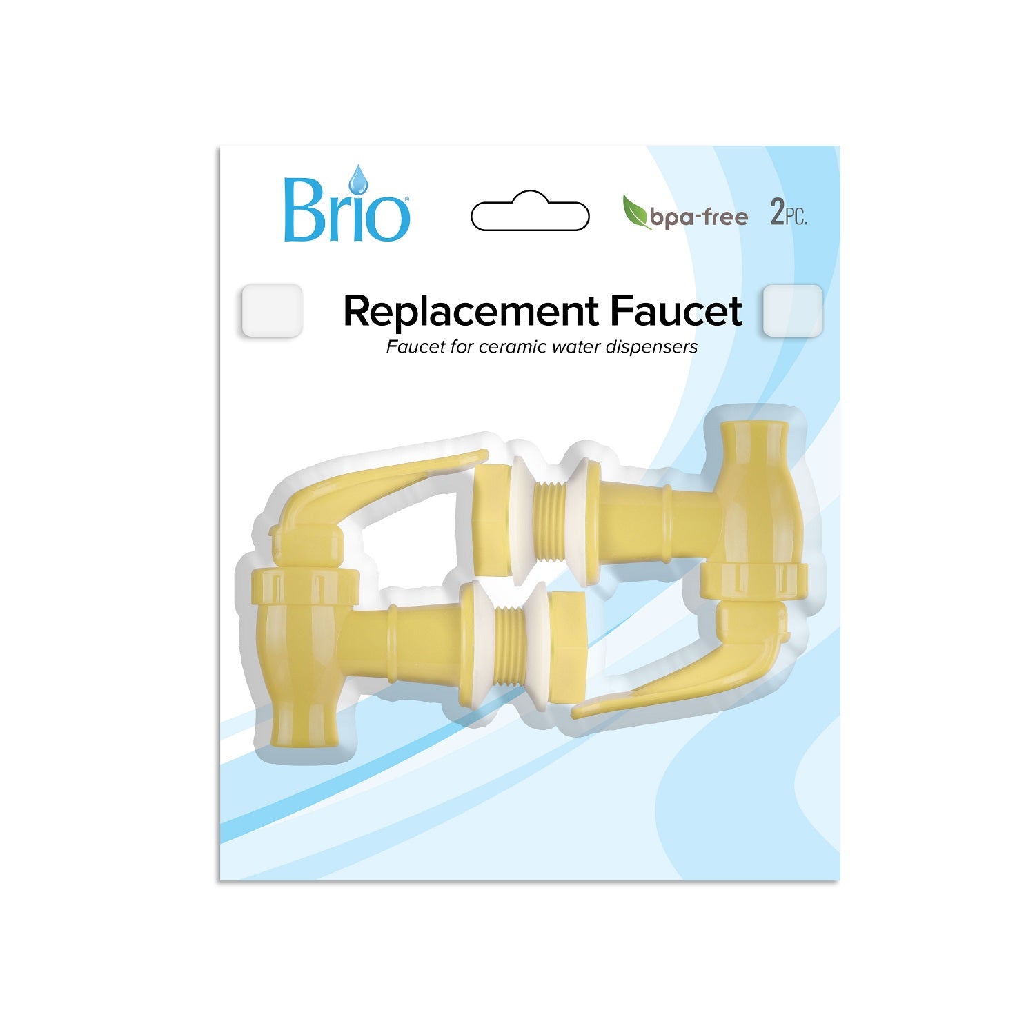 Two yellow Brio Water Dispenser Replacement Valves (2-Pack) are displayed on a white and blue Brio card labeled “Replacement Faucet, BPA free, 2pc”—ideal for ceramic or porcelain water dispensers.