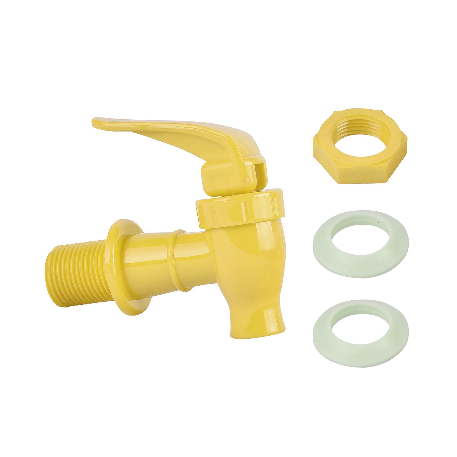 The Brio Water Dispenser Replacement Valves (4-Pack) in yellow feature a plastic lever handle, are BPA free, and include a threaded nut plus two light green washers—perfect for porcelain water crocks or bottle dispensers.