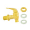 The Water Dispenser Replacement Valves (4-Pack) in yellow, shown with a matching threaded nut and two light green washers, are compatible with BPA-free water bottles and displayed on a white background.