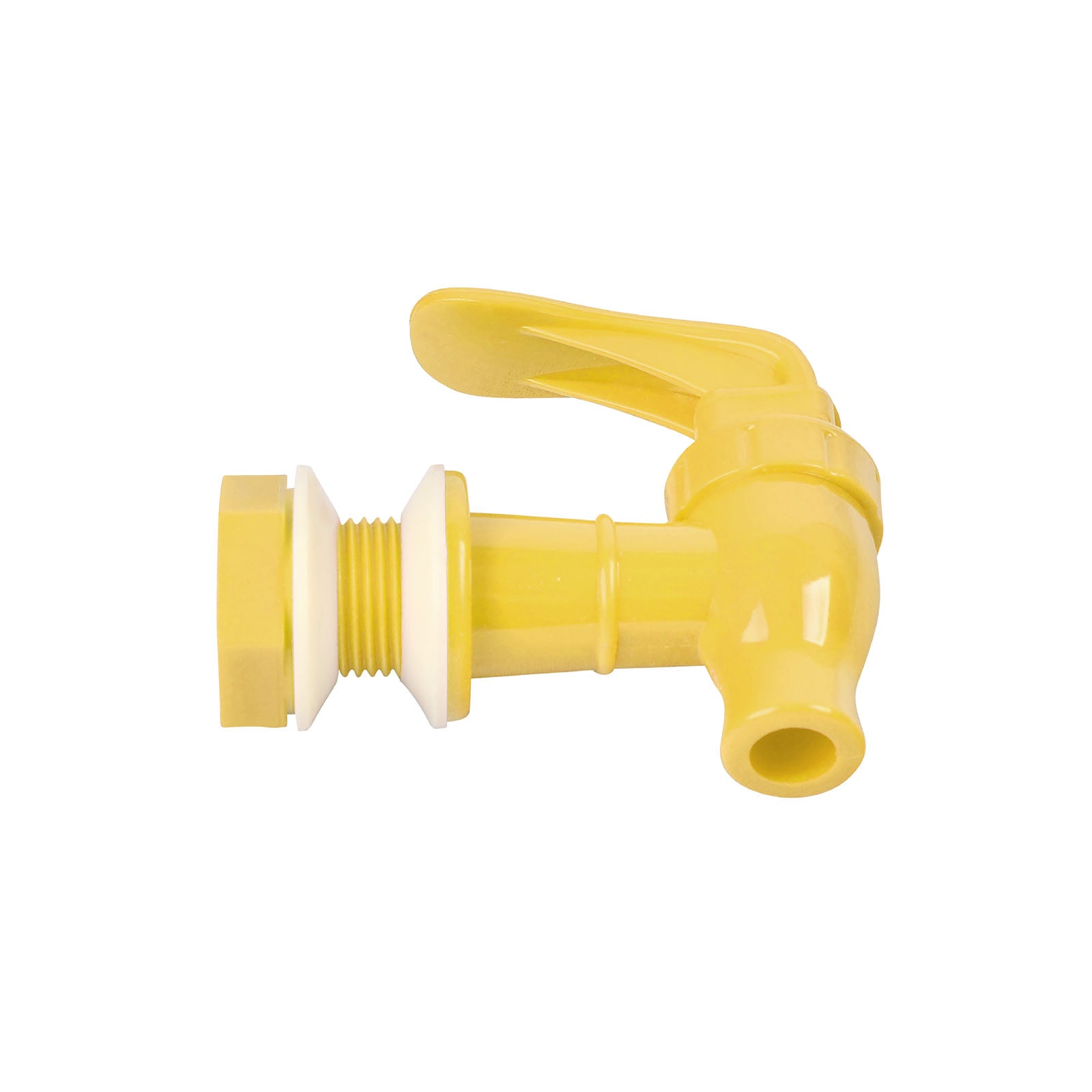 A Brio Water Dispenser Replacement Valve in yellow, BPA-free plastic with a lever handle and threaded end, perfect for water bottle dispensers. Part of the 4-pack set available in multiple colors, shown against a white background.