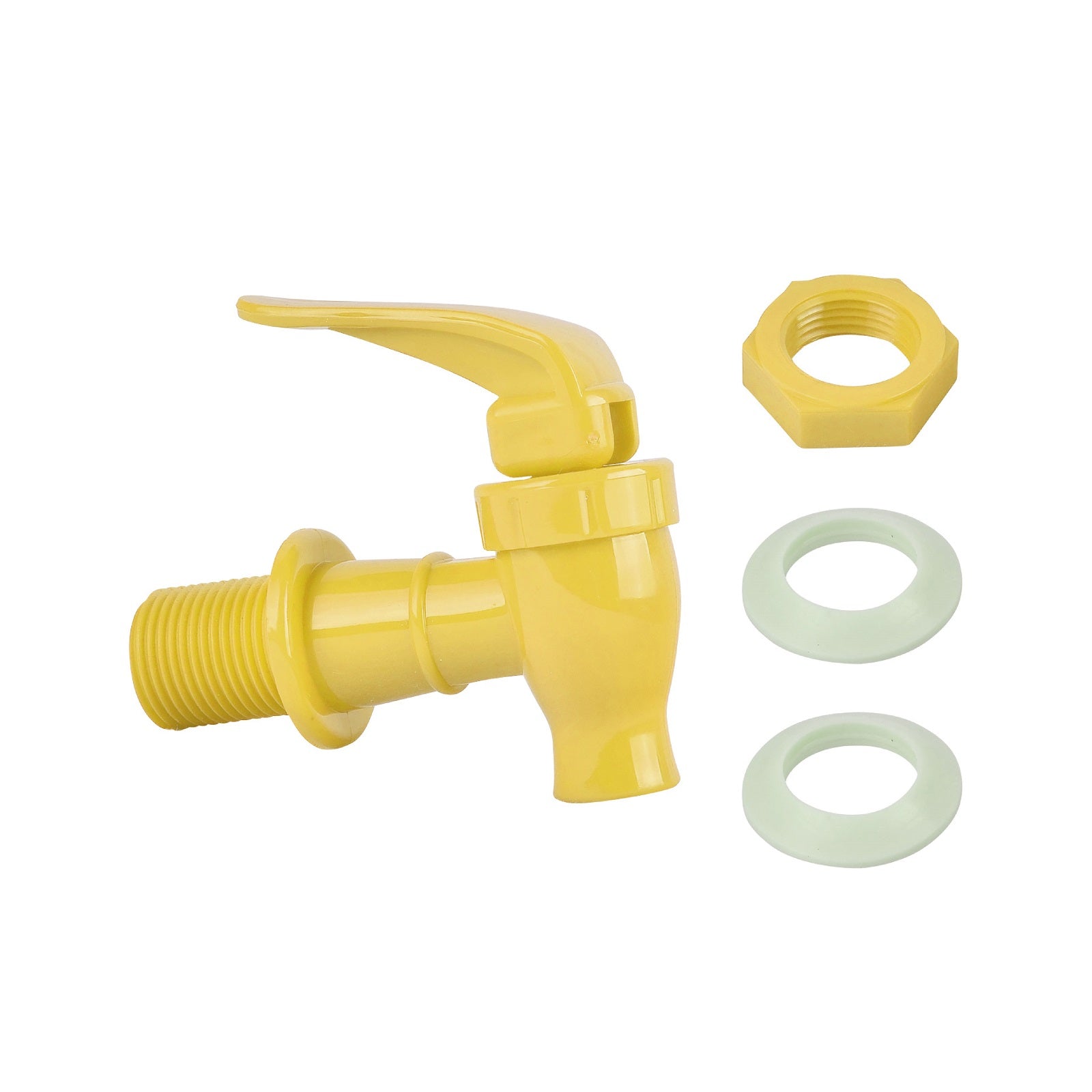 A Brio Water Dispenser Replacement Valve (yellow variant, BPA-free food-grade plastic) with lever handle, yellow threaded nut, and two translucent green washers—shown on a white background.