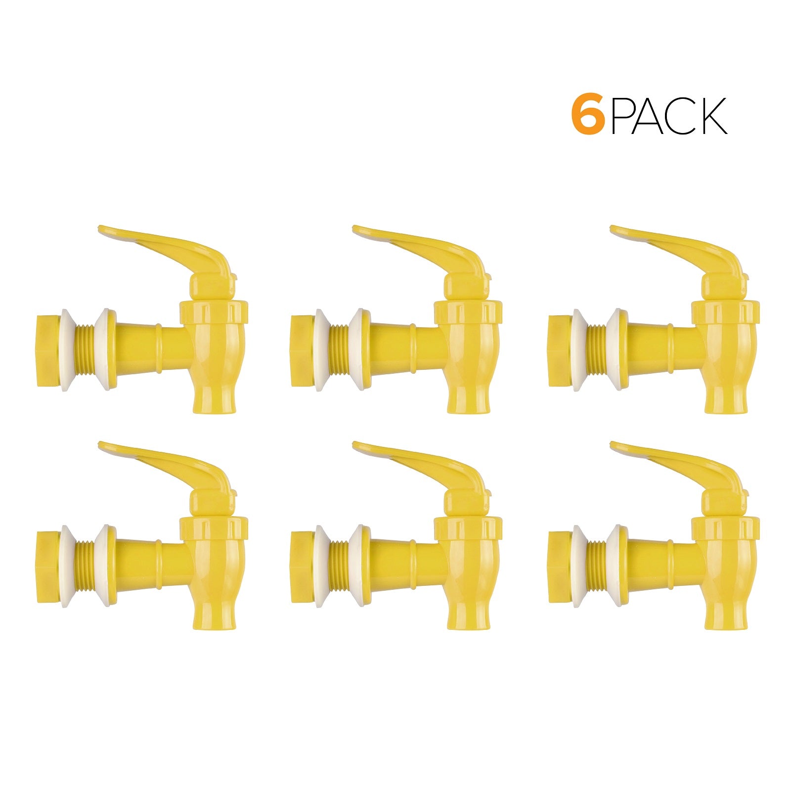 Six Brio Water Dispenser Replacement Valves (6-Pack) in yellow with white threaded ends are arranged in two rows of three. The text "6 PACK" is displayed in the top right corner. Made from food-grade, BPA-free plastic.