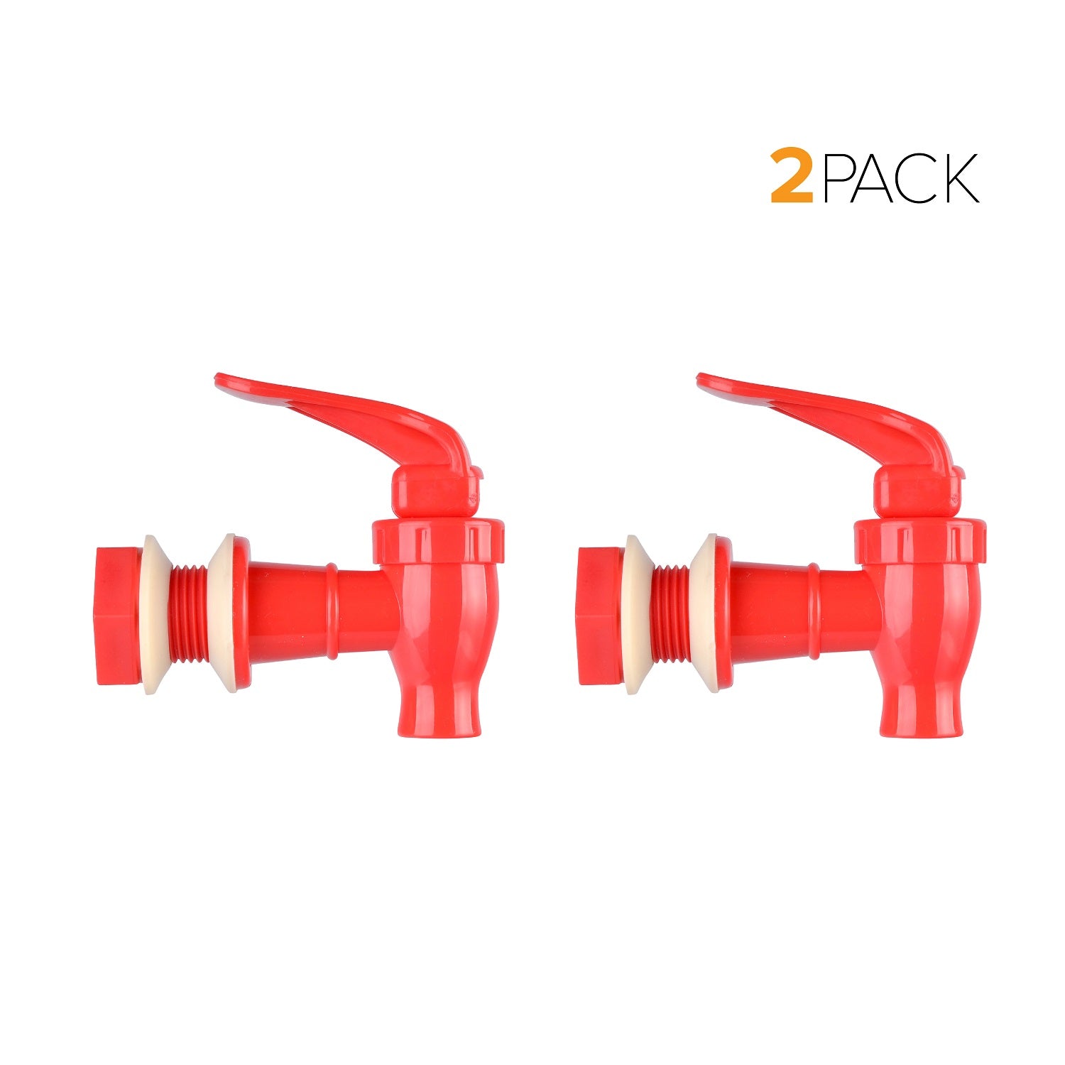 The Brio Water Dispenser Replacement Valves (2-Pack) in red with beige washers are shown side by side on a white background, perfect for porcelain water crocks or as a BPA-free bottle dispenser. "2 PACK" is displayed in the top right corner.