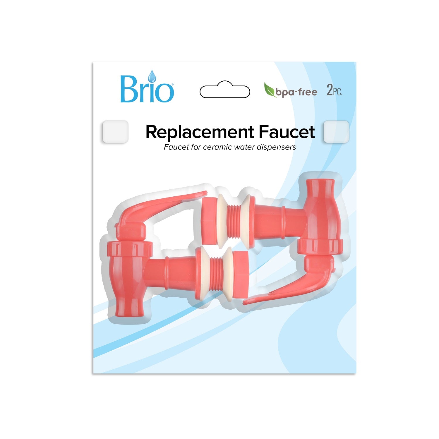 Two red Brio Water Dispenser Replacement Valves (2-Pack) for porcelain water crocks or bottle dispensers are displayed in clear packaging labeled BPA free and 2 pc.