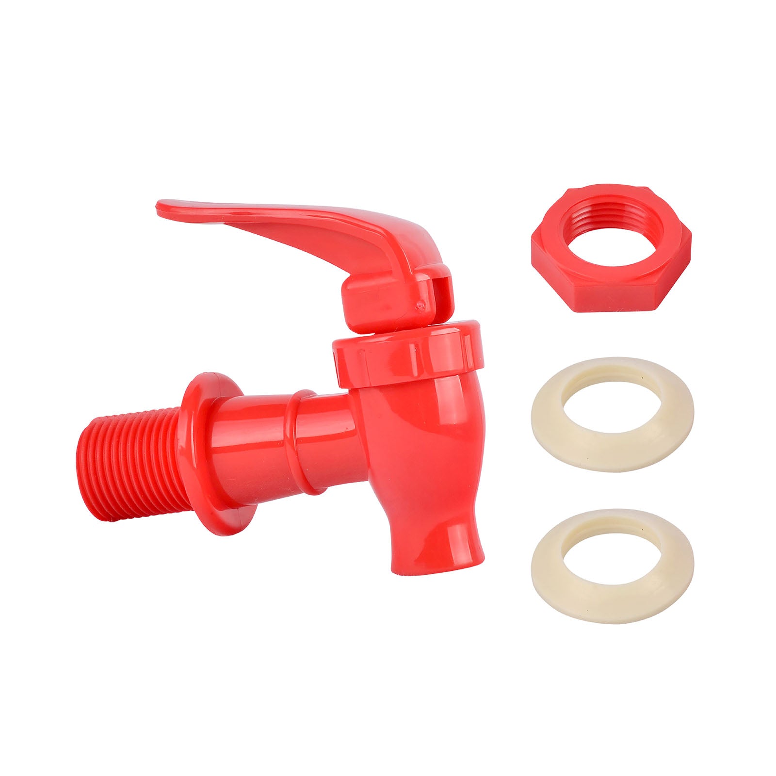 The Brio Water Dispenser Replacement Valve (red) is BPA free, features a plastic lever handle, and comes with a matching threaded nut and two beige washers, all displayed against a white background.