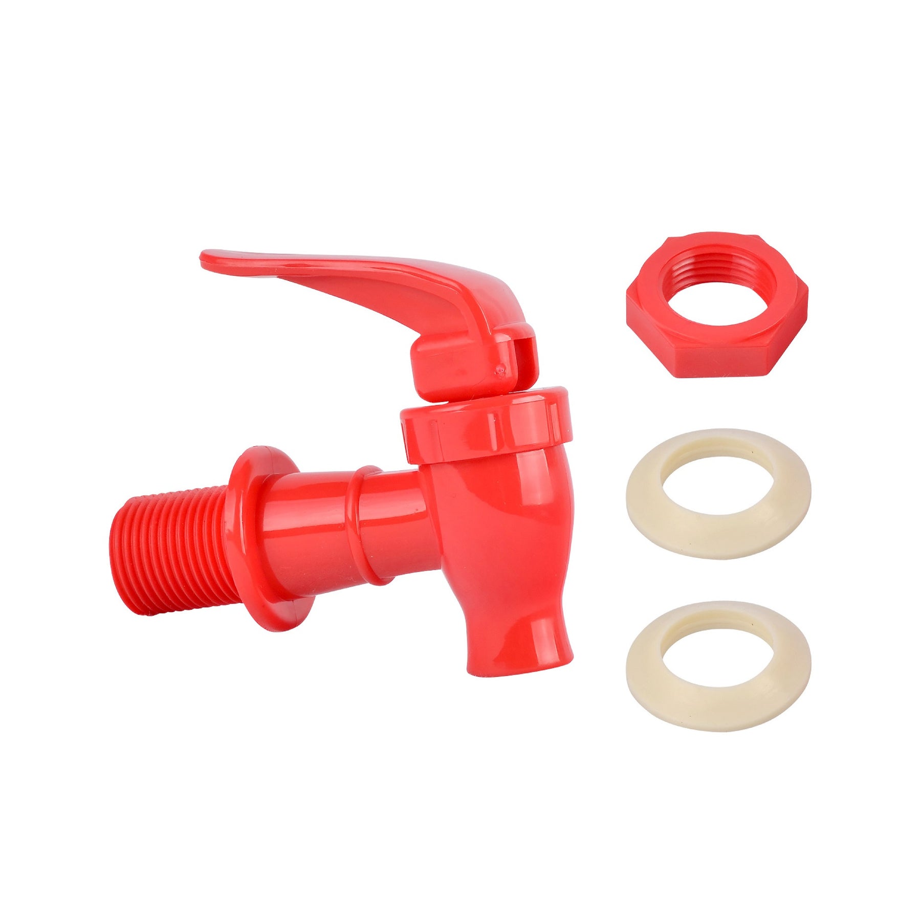The Brio Water Dispenser Replacement Valves (6-Pack) in red feature BPA-free, food-grade plastic and a lever handle, plus a matching threaded nut and two beige sealing washers—ideal for water bottle dispensers.