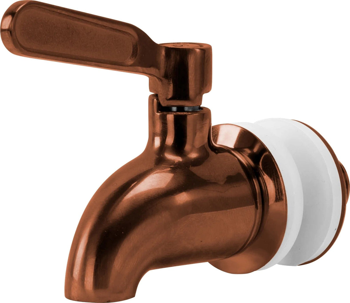 A close-up of the Beverage Dispenser Replacement Spigot in bronze, featuring a metallic finish, side lever handle, white circular base, and leak protection, isolated on a white background.