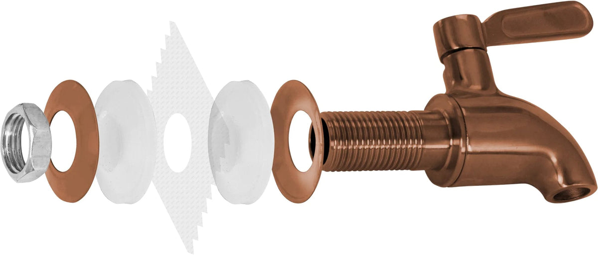 Exploded view of the Beverage Dispenser Replacement Spigot, Bronze, displaying its components—washers, stainless steel threaded nut, and handle—arranged left to right in assembly order.