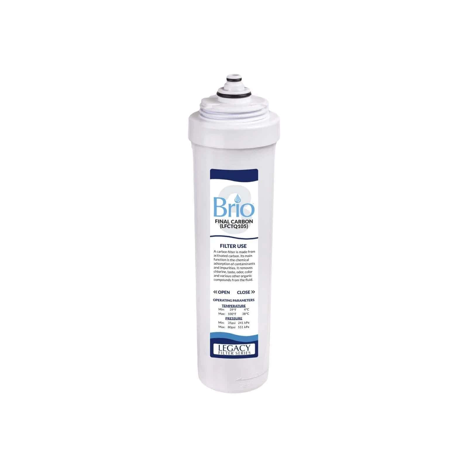 The Brio Legacy Final Carbon Filter features a white cylindrical body with labeled instructions and a blue logo, providing premium water filtration and easy filter replacement for water systems.