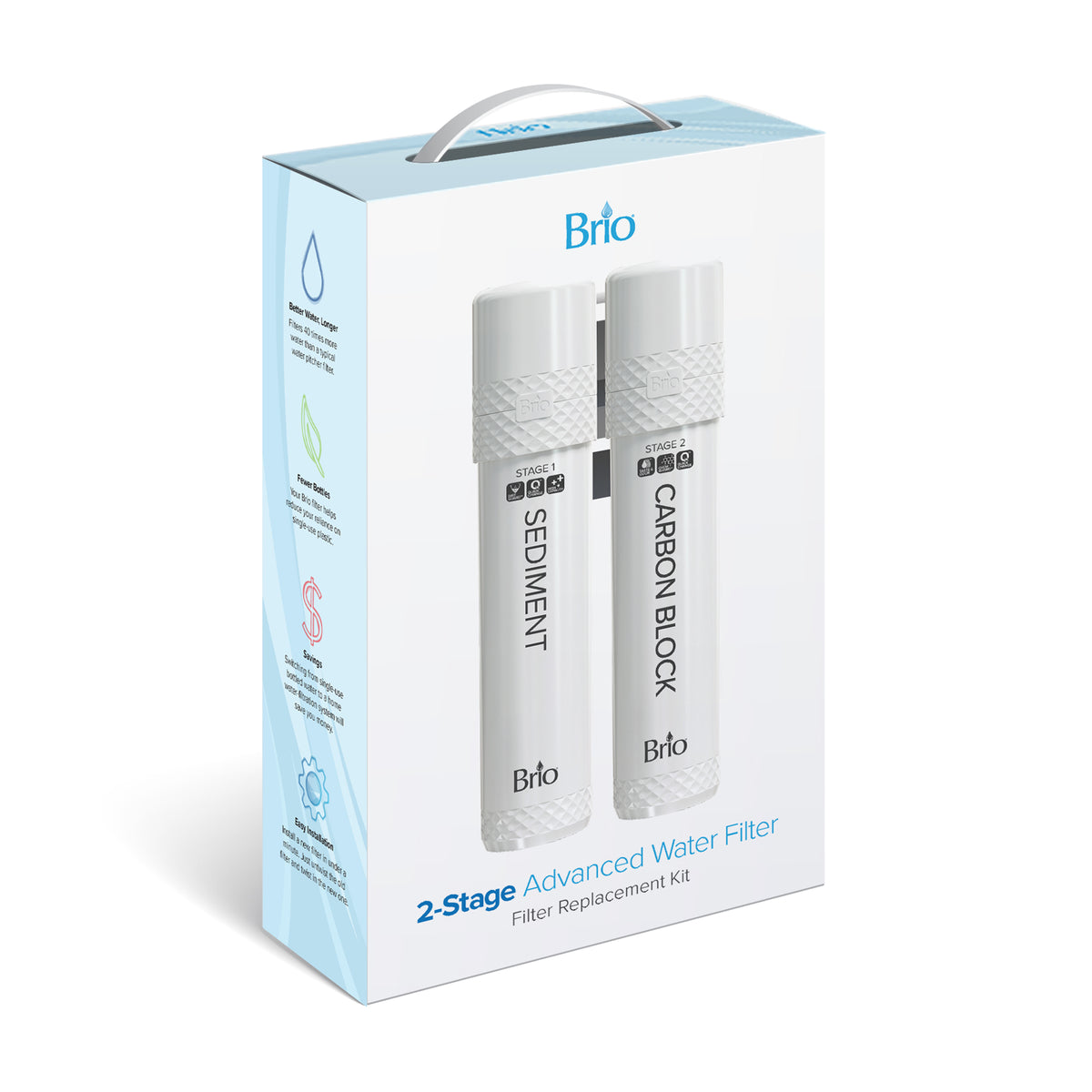 A box of Brio 2-Stage Filter Kit - UVF2-1500 Models displays two vertical cartridges—sediment and carbon block—on the front, with icons and text on the side highlighting key water filter replacement features.