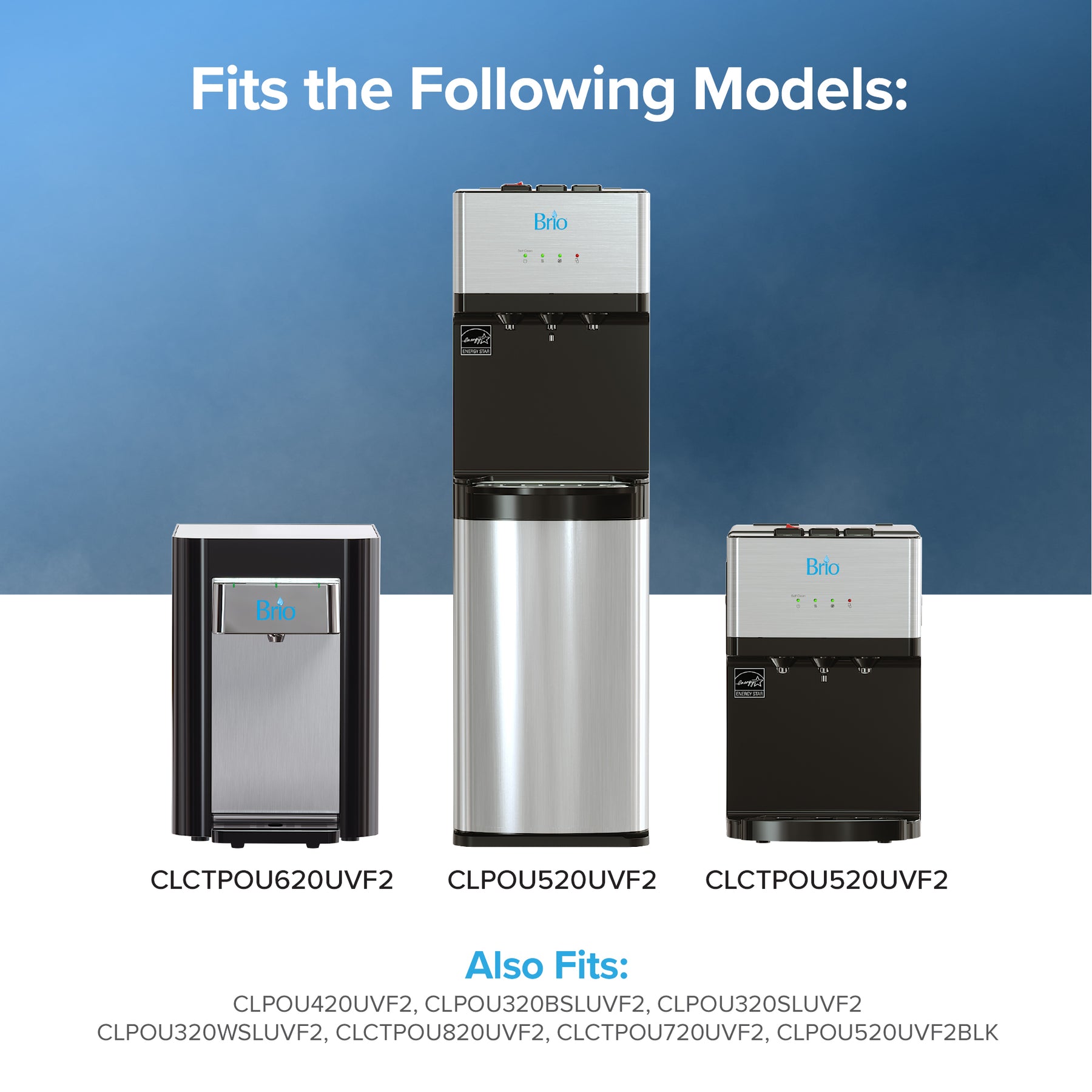 Three Brio water dispensers (CLCTPOU620UVF2, CLPOU520UVF2, CLCTPOU520UVF2) are shown with a list of compatible models. Use with the Brio 2-Stage Filter Kit – UVF2-1500 Models for carbon block or sediment filter replacement.