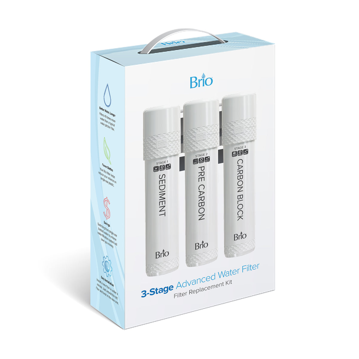 Brio 3-Stage Filter Kit for UVF3 Models includes sediment, pre-carbon, and carbon block cartridges. Packaging highlights key product details and icons, ensuring reliable water purifier filter replacements.