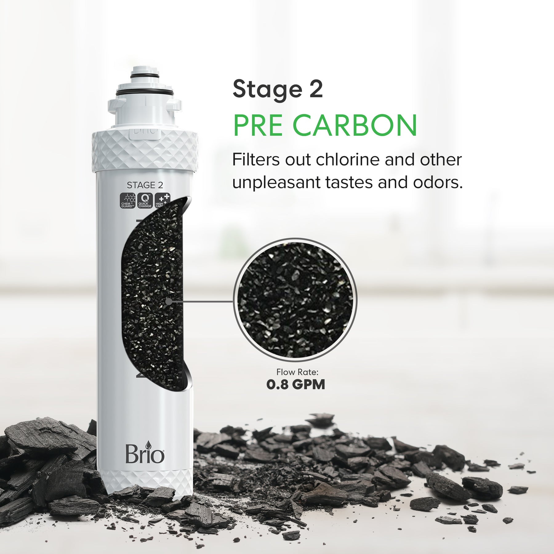 A Brio 3-Stage Filter Kit – UVF3 Models Stage 2 Pre Carbon water filter, shown in cross-section with black carbon, is NSF certified and removes chlorine and odors at a 0.8 GPM flow rate.