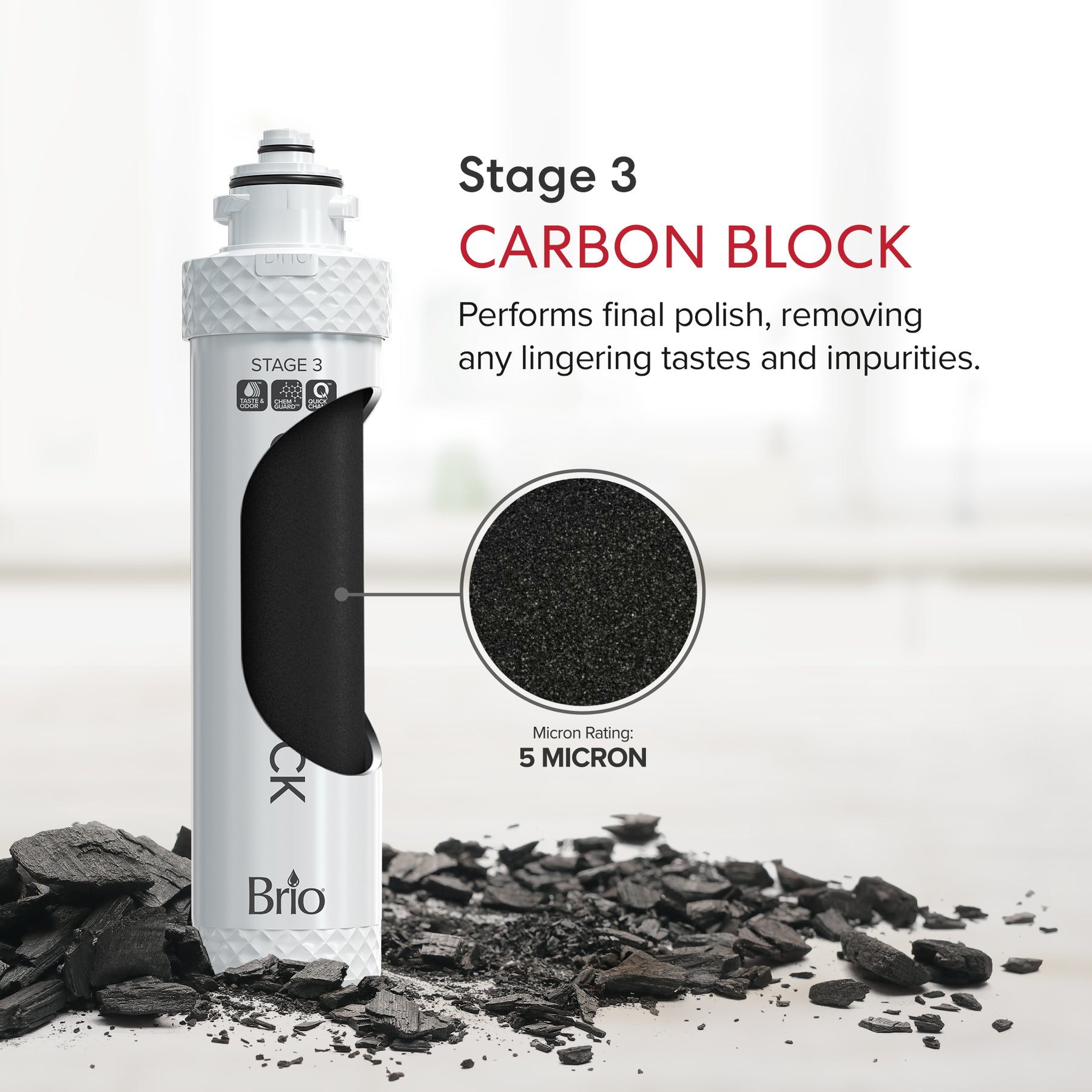 A Brio 3-Stage Filter Kit – UVF3 Models NSF-certified carbon block filter, labeled Stage 3, stands upright among charcoal pieces. A close-up shows its 5-micron texture, highlighting its role in removing tastes and impurities—ideal for replacement kits.