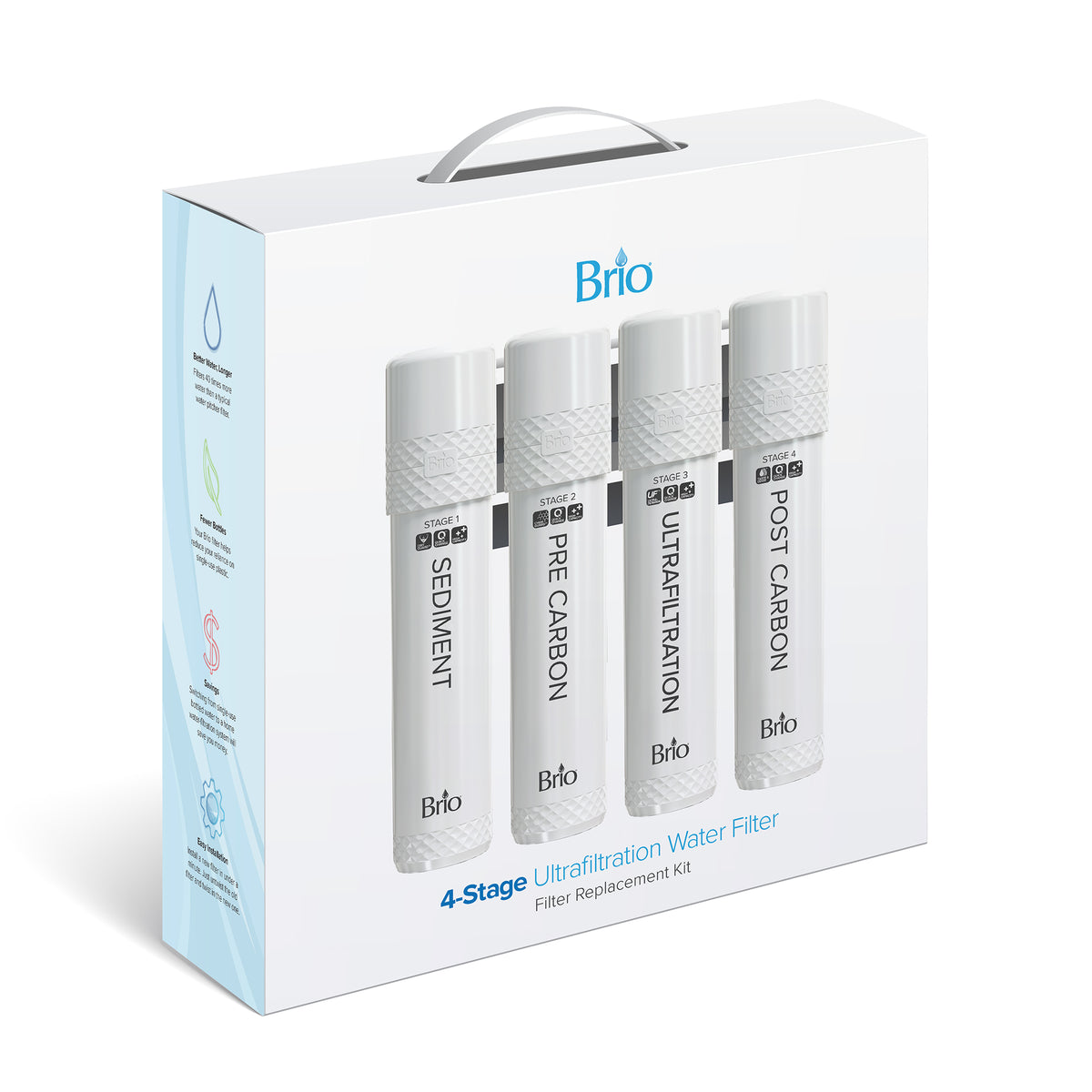 A white Brio 4-Stage Filter Kit - UVF4 Models box with a handle, featuring four labeled cartridges: Sediment, Pre Carbon, Ultrafiltration, and Post Carbon. NSF certified to provide clean, safe drinking water.