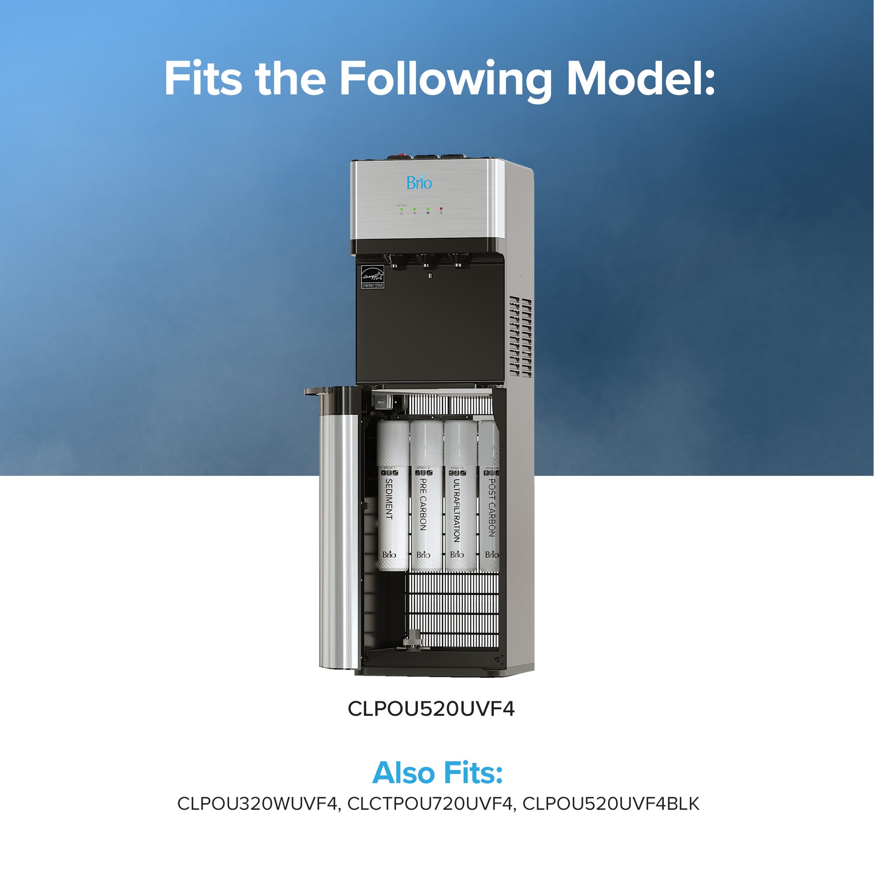 A black and silver Brio water dispenser with its front panel open reveals NSF certified cartridges. Text reads: Fits the Following Model: CLPOU520UVF4, plus additional compatible models—ideal for your next Brio 4-Stage Filter Kit – UVF4 Models replacement.