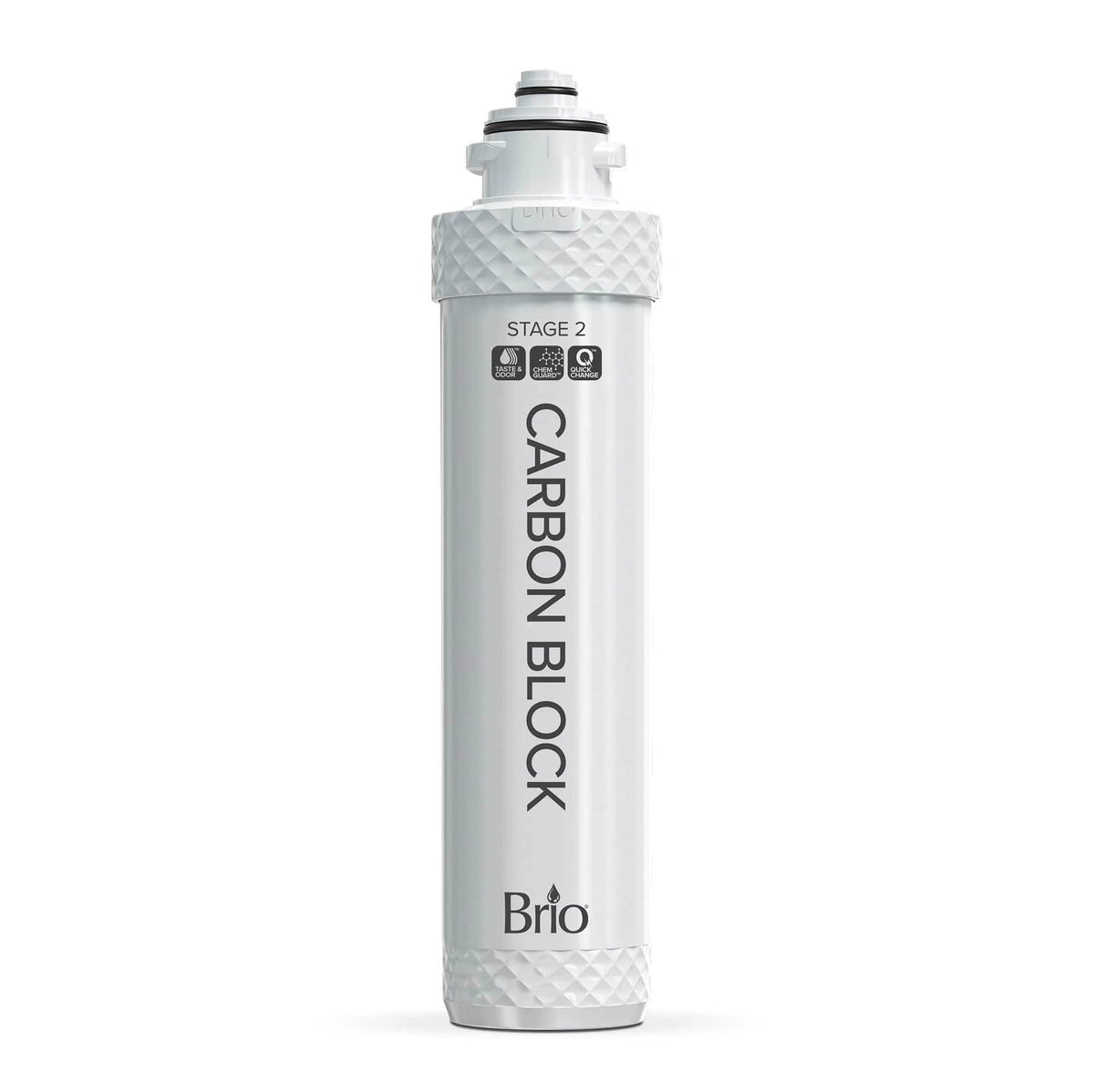 The Stage 2 Carbon Block Filter for Water 2-Stage Water Dispensers, labeled "Stage 2 Carbon Block" and "Brio," is a white cylindrical filter with textured ends that provides effective 5 micron filtration for improved water purity.