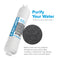 A 5 Micron Inline U-Type Coconut Shell G.A.C Filter, 11" - Premiere Series is pictured beside a close-up of black coconut shell carbon granules. Text reads Purify Your Water and notes this filter removes odors for crisp, fresh-tasting water.