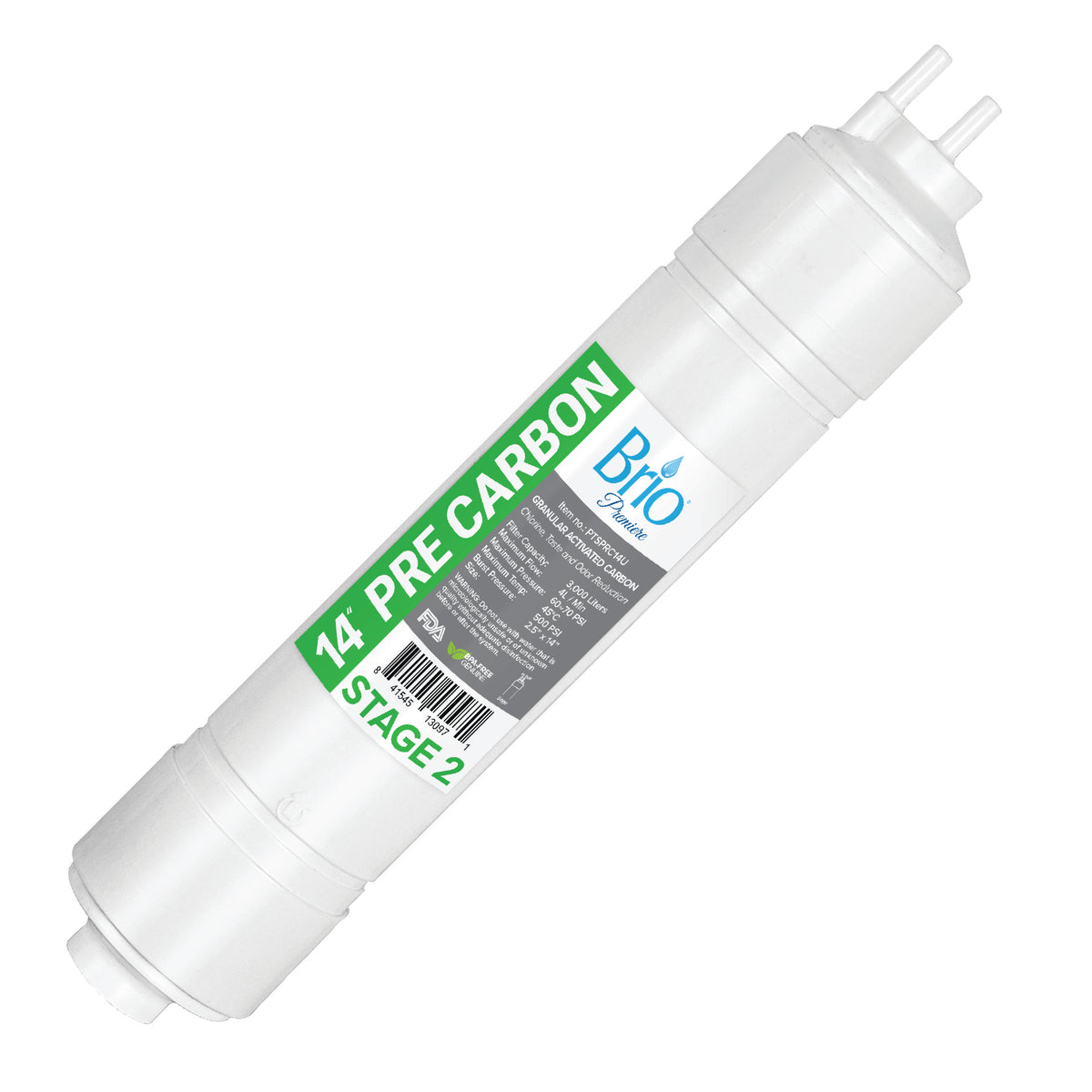 The U-Type Pre-Carbon Filter, 2.5" x 11", is a premium cylindrical white filter with a green and gray label, barcode, and two connectors on each end, shown diagonally against a white background.