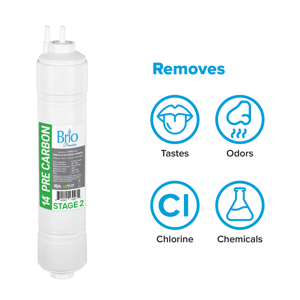 Image of a U-Type Pre-Carbon Filter, 2.5" x 11". Text reads: Removes Tastes, Odors, Chlorine, Chemicals, with matching icons for each contaminant.