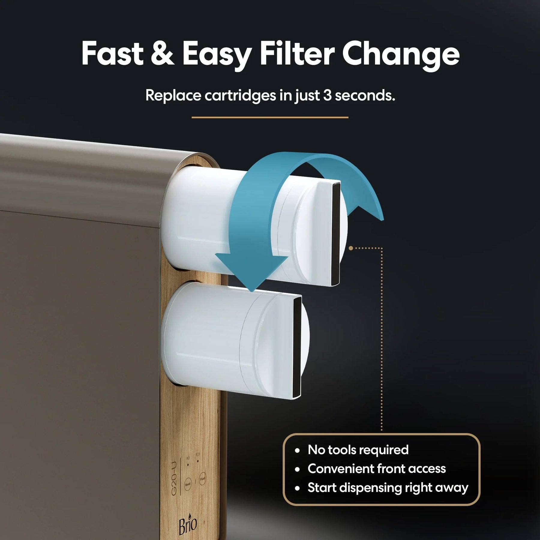 Close-up of the Brio G20-U RO Undersink Filtration System – Natural shows two cylindrical cartridges being easily replaced with arrows, emphasizing quick, tool-free, front-access filter changes. Text notes the process takes just 3 seconds.