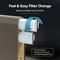 A visual guide shows the G20 Series Natural Reverse Osmosis Undersink Filtration System with two cartridges easily removed via front access. Blue arrows illustrate tool-free, quick 3-second cartridge changes.
