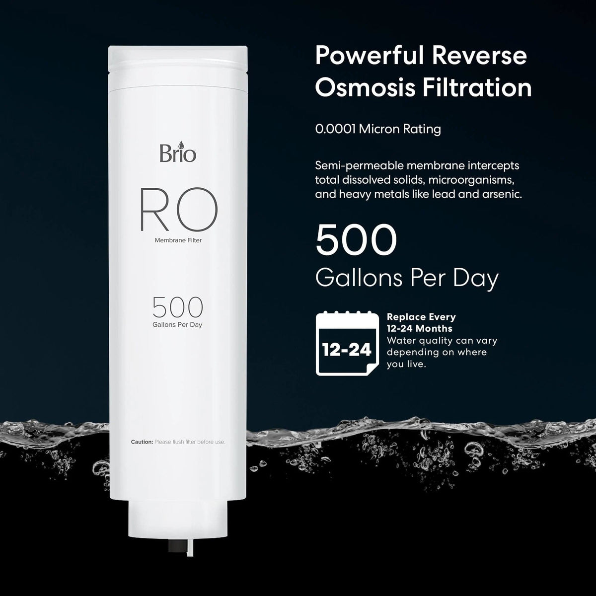 RO Membrane Filter 500GPD (ROSL500, ROSL500WHT) delivers premium 0.0001 micron RO filtration, removing total dissolved solids and heavy metals, producing 500 GPD. Replace every 12–24 months for optimal performance.