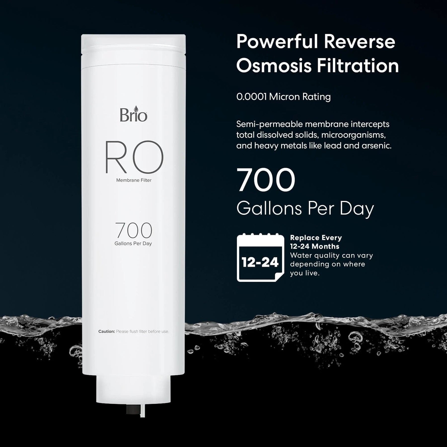 The Brio RO Membrane Filter 700GPD (ROSL700, ROSL700BLK, ROSL700WHT) is shown in white with water below. Text notes its 0.0001 micron rating for TDS reduction, 700 GPD capacity, and a replacement cycle of 12–24 months.