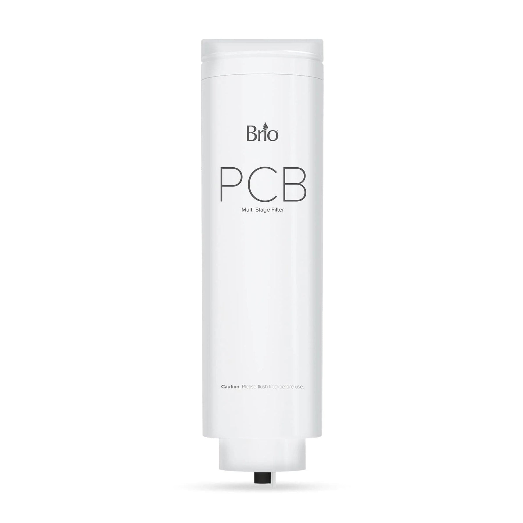 A white cylindrical water filter cartridge labeled Brio PCB 3-Stage Filter – TROE600COL, designed for chlorine reduction with activated carbon, stands upright against a plain white background.