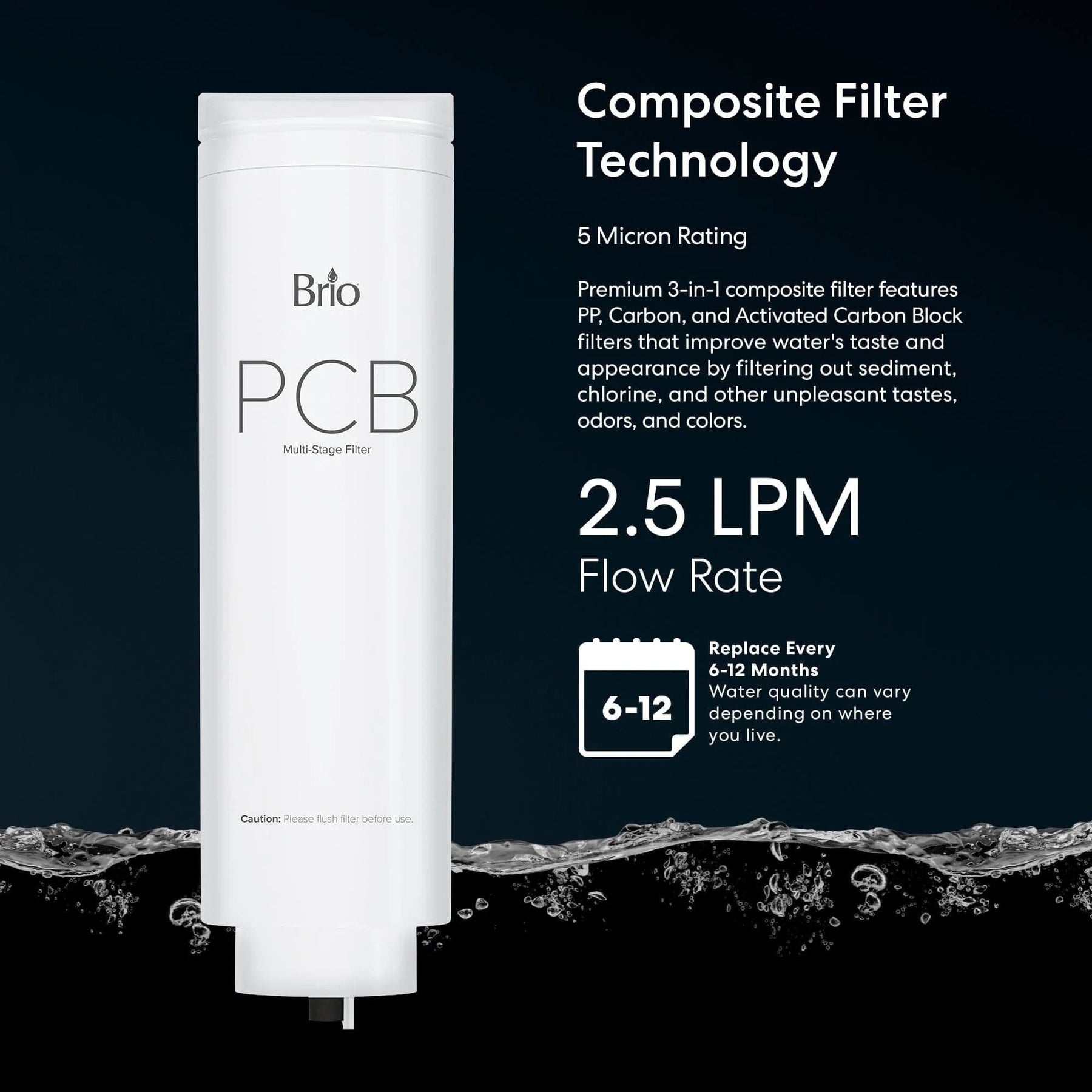 A white cylindrical Brio PCB 3-Stage Filter – TROE600COL is displayed on a dark background, with text highlighting chlorine reduction, a 5-micron rating, 2.5 LPM flow rate, and a 6-12 month replacement period; filter details appear right.