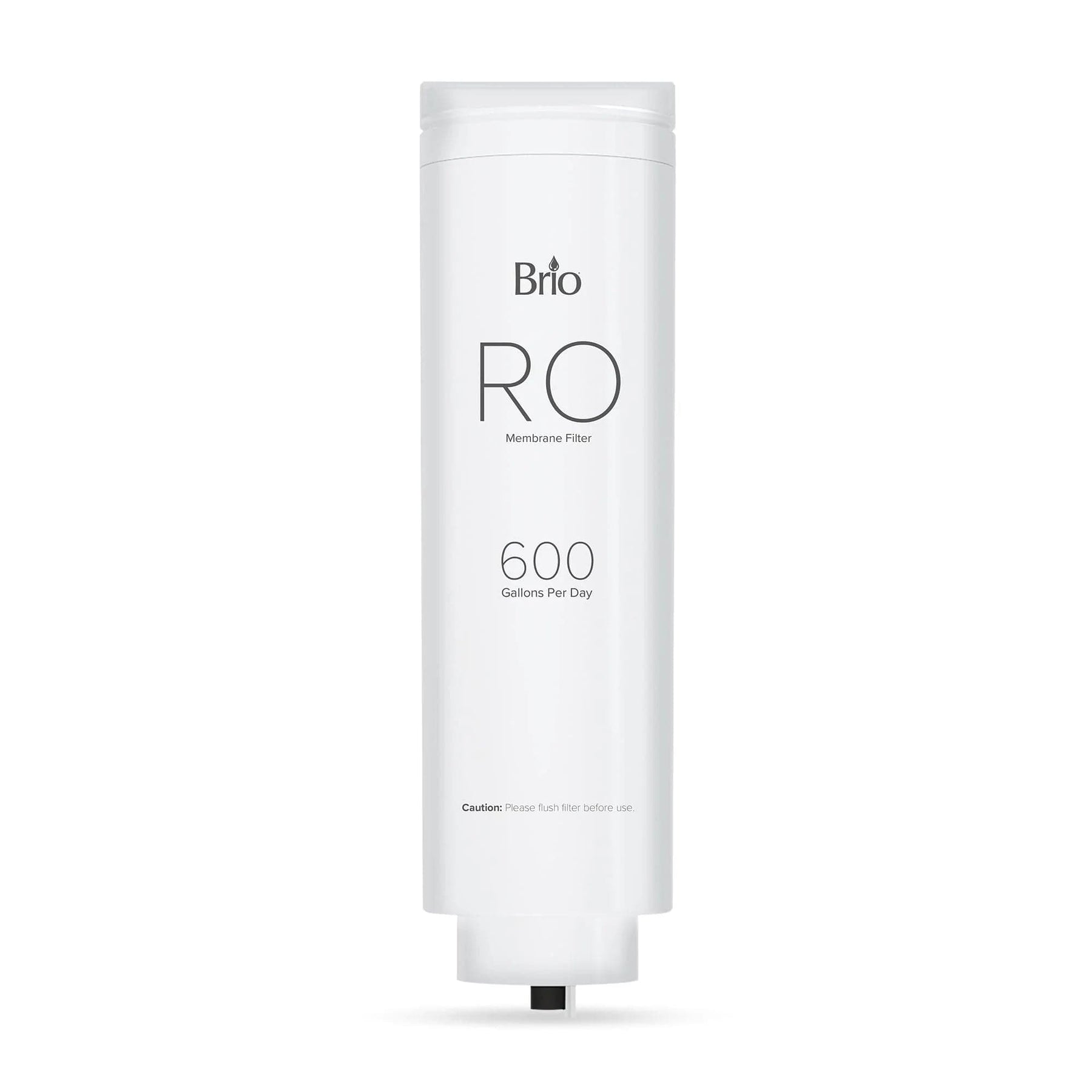 The Brio RO Membrane Filter 600GPD- TROE600COL is a white cylindrical reverse osmosis filter labeled "RO 600 Gallons Per Day." It reduces total dissolved solids and features a caution to flush before use, displayed against a plain background.