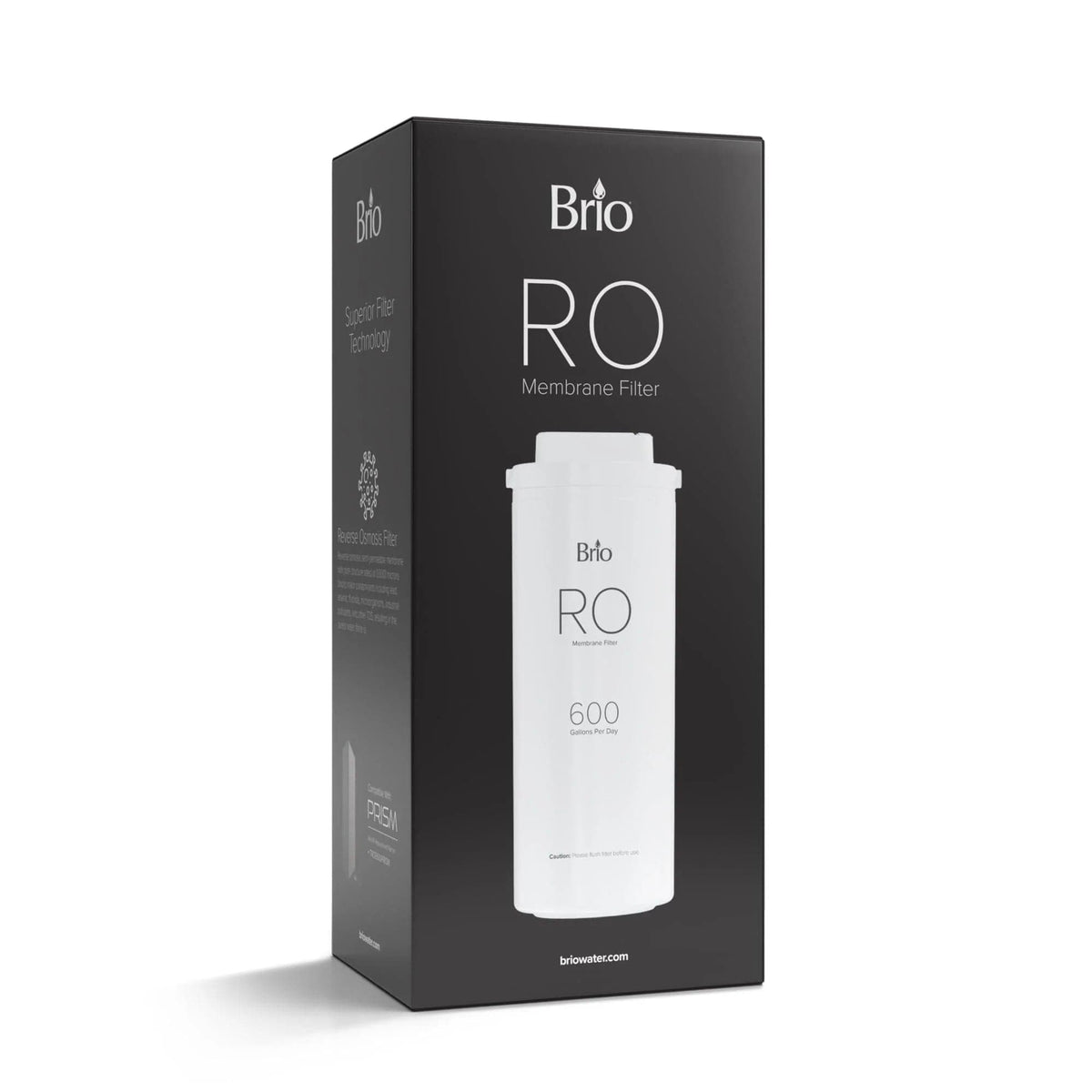 A black and white box labeled RO Membrane Filter 600GPD - TROE600PRISM shows the filter, highlights premium TDS filtration, and displays the Brio logo and website at the bottom.