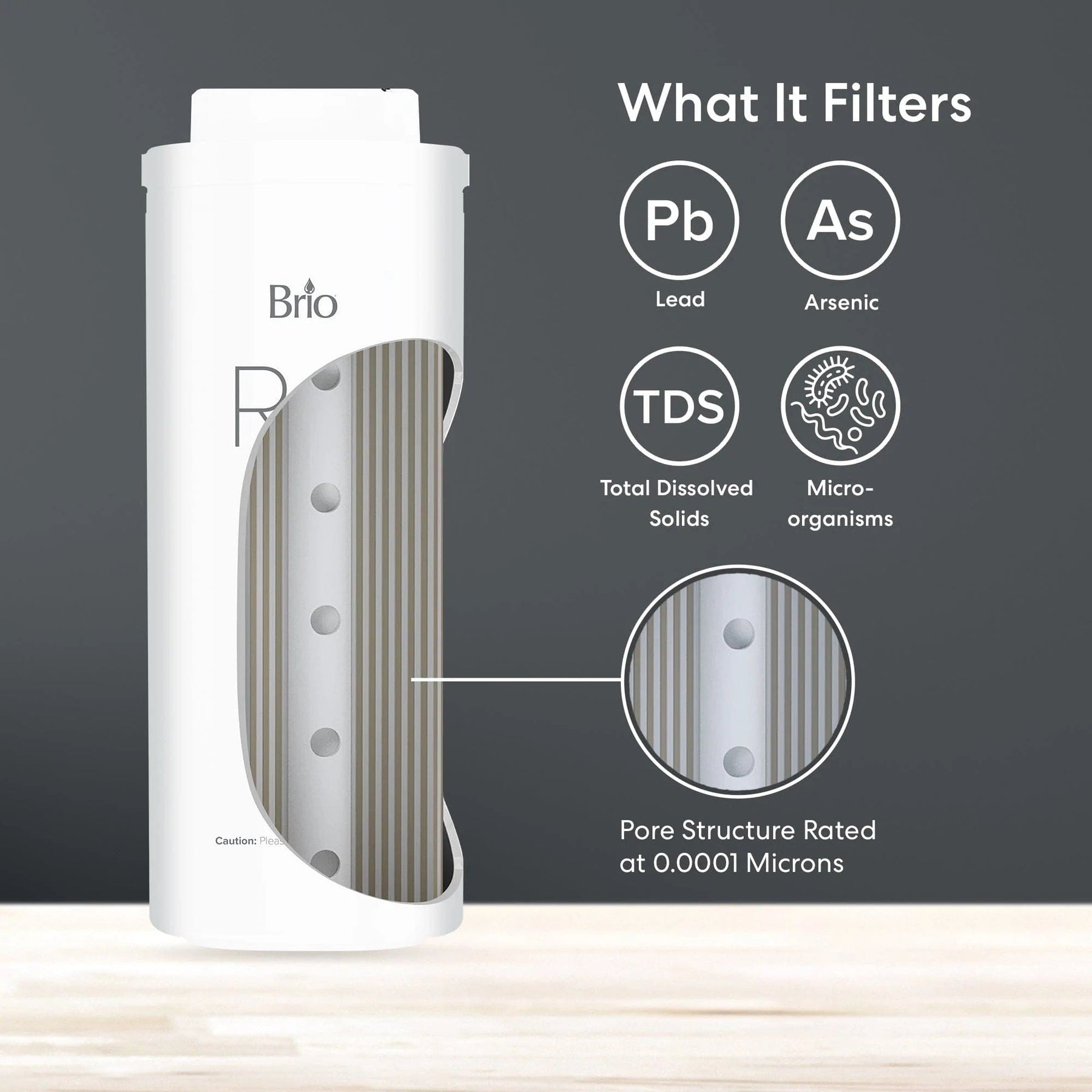The Brio RO Membrane Filter 600GPD – TROE600PRISM features a cutaway showing 0.0001 micron pores, delivering premium filtration with 600 GPD capacity, removing TDS, lead, arsenic, and microorganisms for cleaner water.