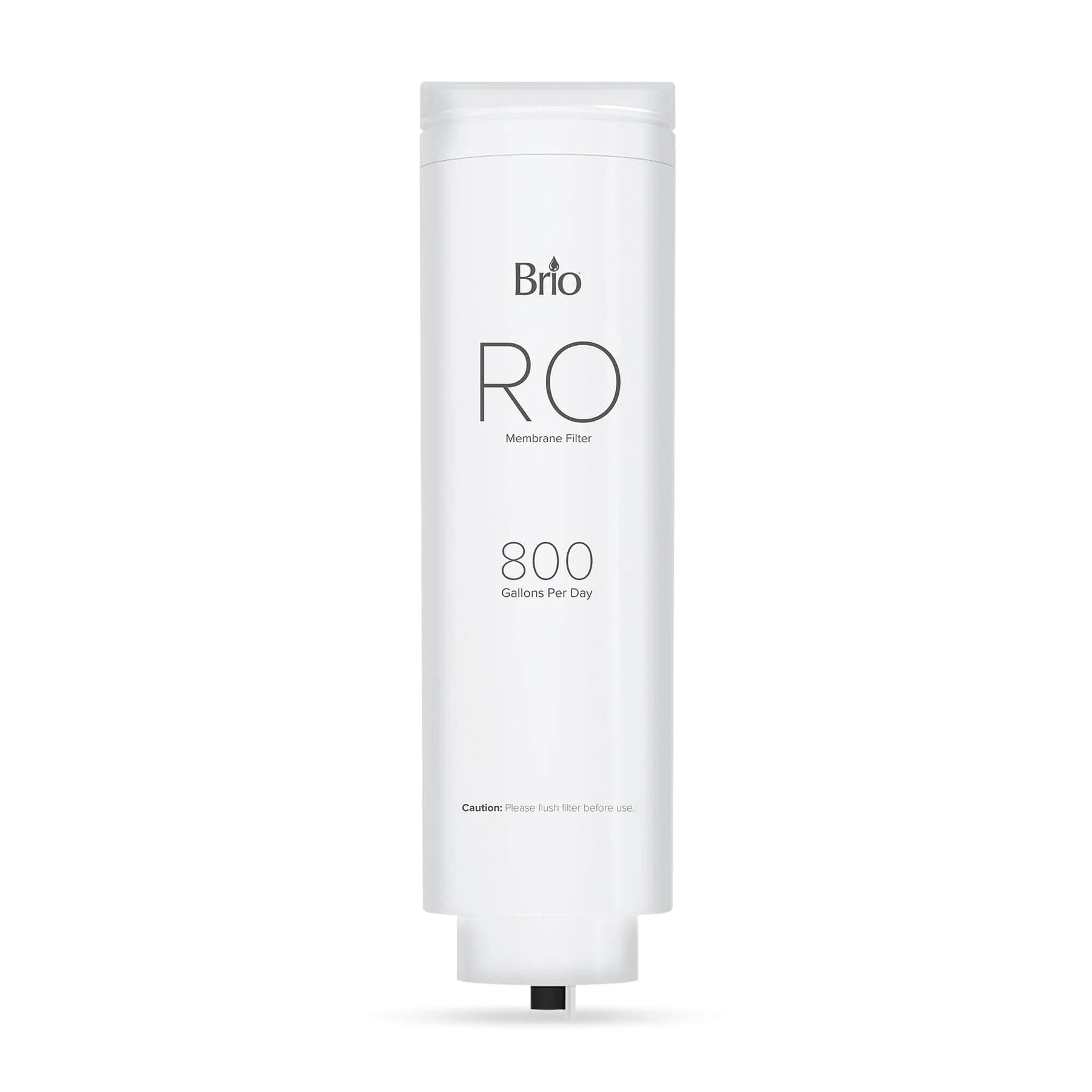 A white cylindrical Brio RO Membrane Filter 800GPD- TROE800COL, designed for effective TDS reduction and labeled with a caution to flush before use, stands upright on a plain background.