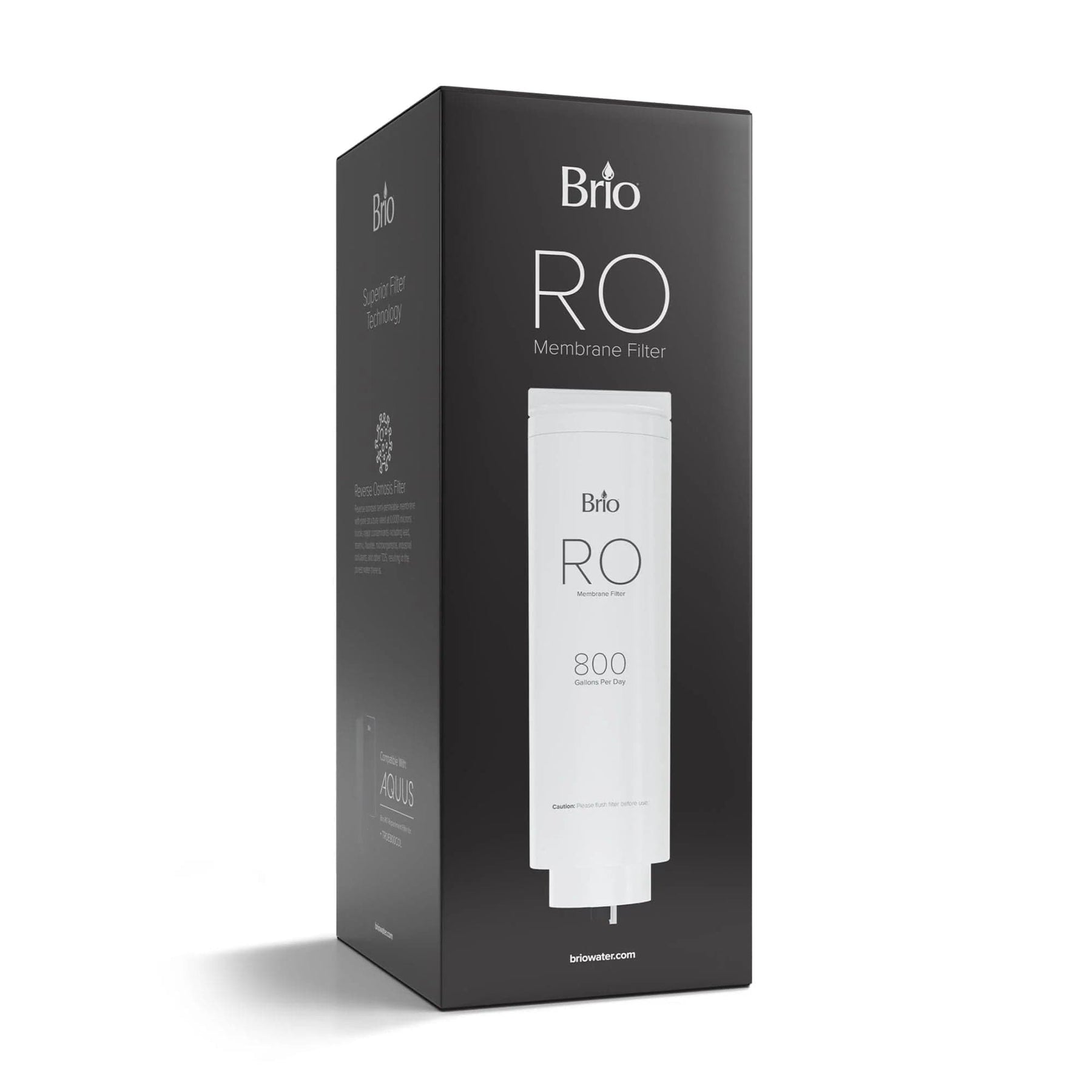 A black box featuring the Brio RO Membrane Filter 800GPD- TROE800COL. The front displays an image of the filter cartridge and product name, while the sides highlight water filtration and TDS reduction details in white text.