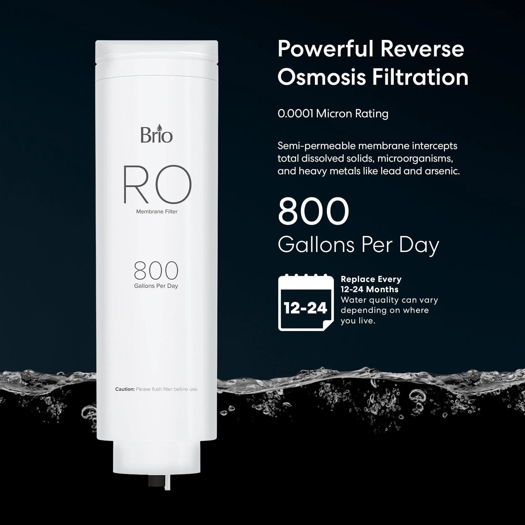 The Brio RO Membrane Filter 800GPD (TROE800COL) stands upright on a black background with water below, showcasing its 0.0001 micron rating, 800 GPD capacity, excellent TDS reduction, and a recommended replacement every 12-24 months.