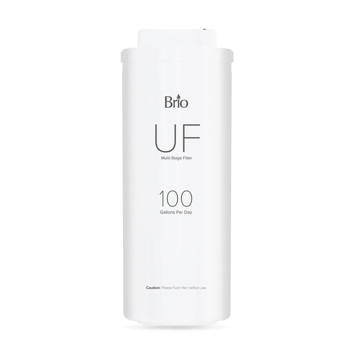 A white cylindrical 3-in-1 Ultrafiltration Filter for Amphora Under Sink Systems, labeled 100 Gallons Per Day, stands upright on a plain white background with instructions to flush the filter before use printed at the bottom.