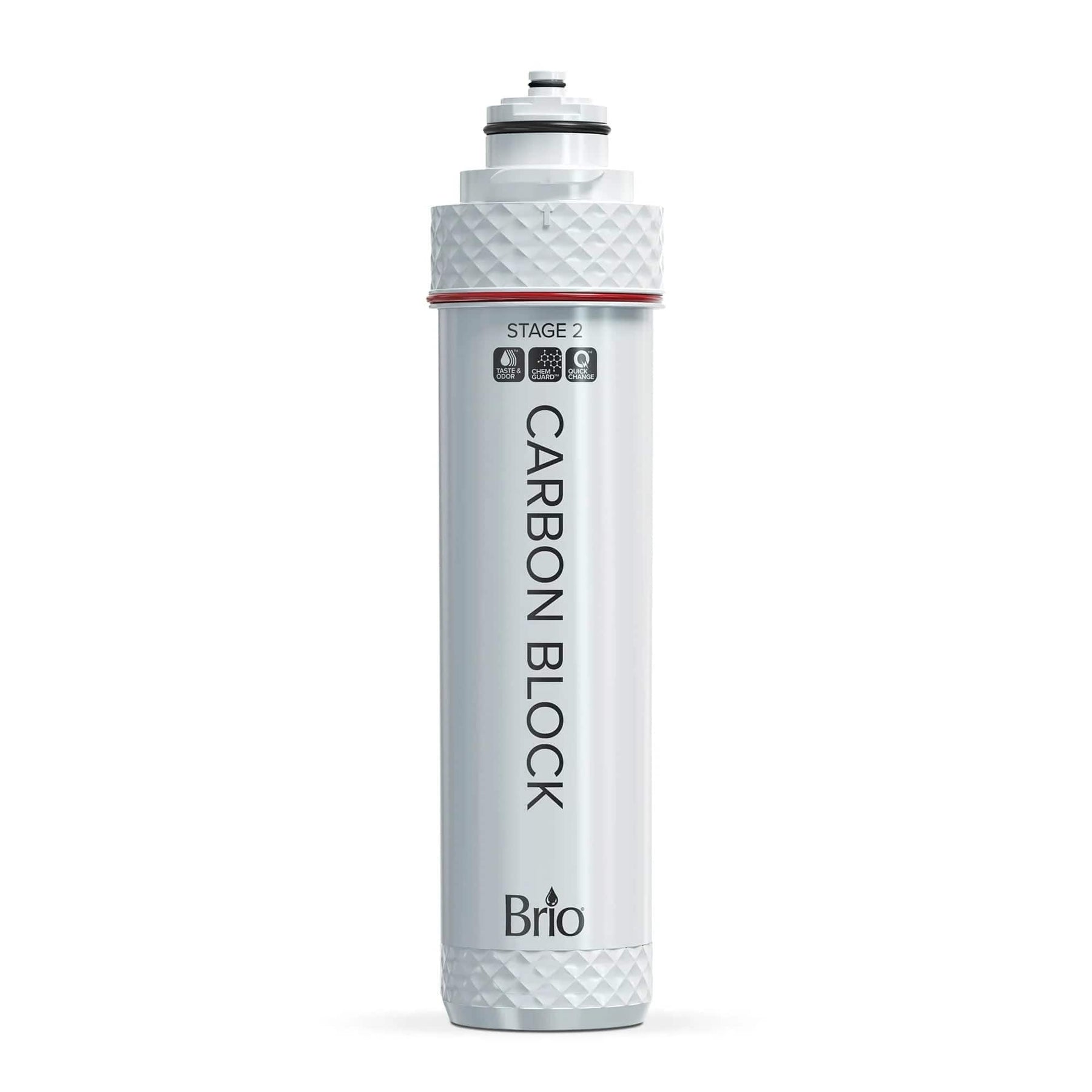 A Brio Stage 2 Carbon Block Filter – FUS200R, FUS300R stands upright on a white background; this white cylindrical filter with textured ends is branded and designed for lead reduction.