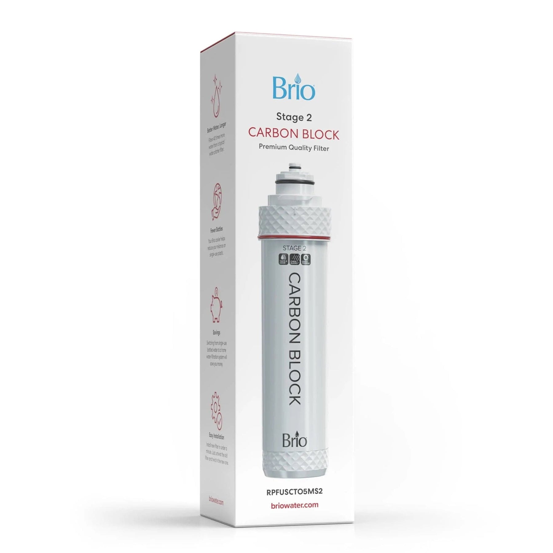 The Brio Stage 2 Carbon Block Filter – FUS200R, FUS300R stands upright beside its tall, white box with red and blue branding, showcasing its premium lead reduction performance.