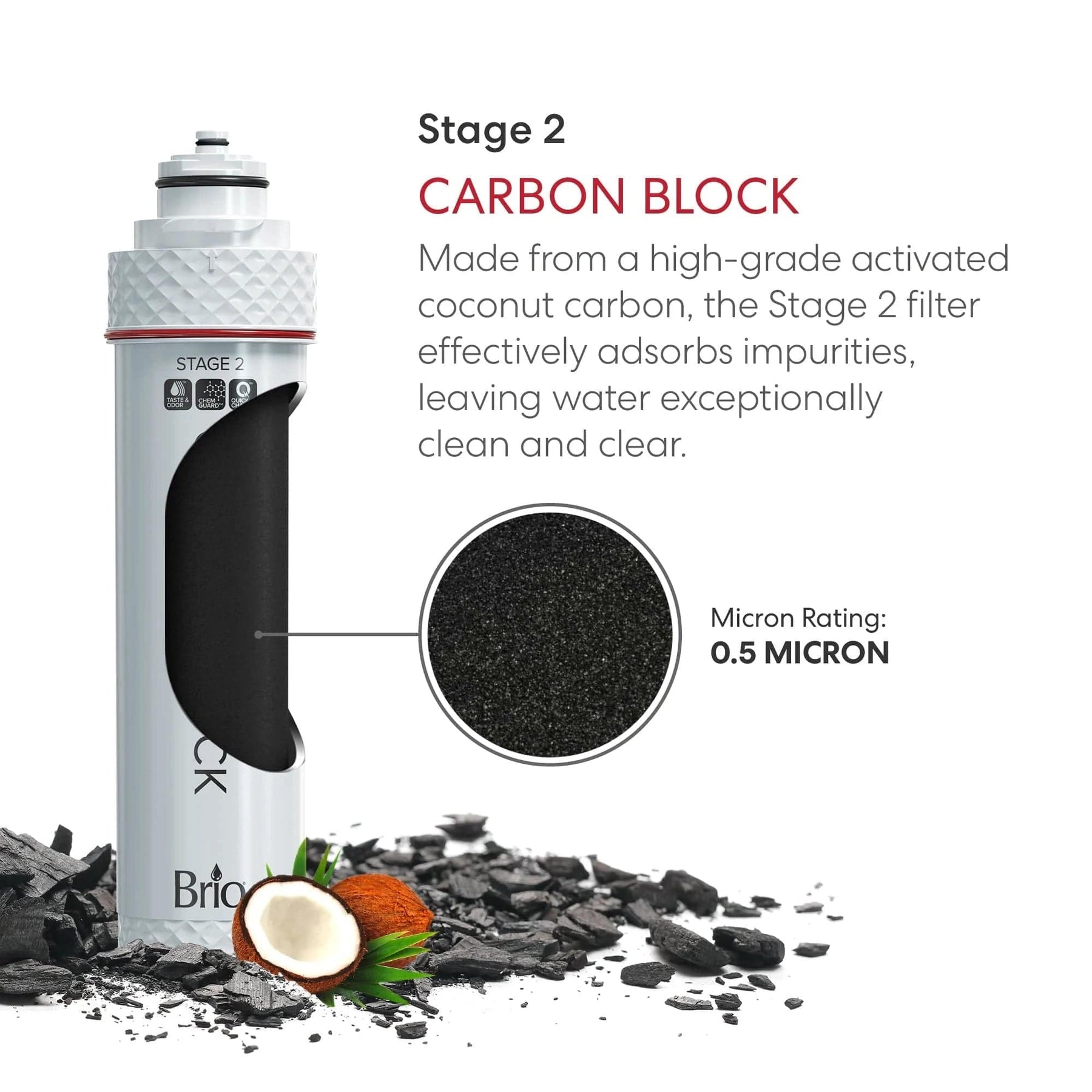 The Brio Stage 2 Carbon Block Filter – FUS200R, FUS300R stands upright with a cutout showing black coconut carbon inside. Labeled features include 0.5-micron rating, NSF-certified lead reduction, and filtration benefits. Coconut and charcoal pieces are nearby.