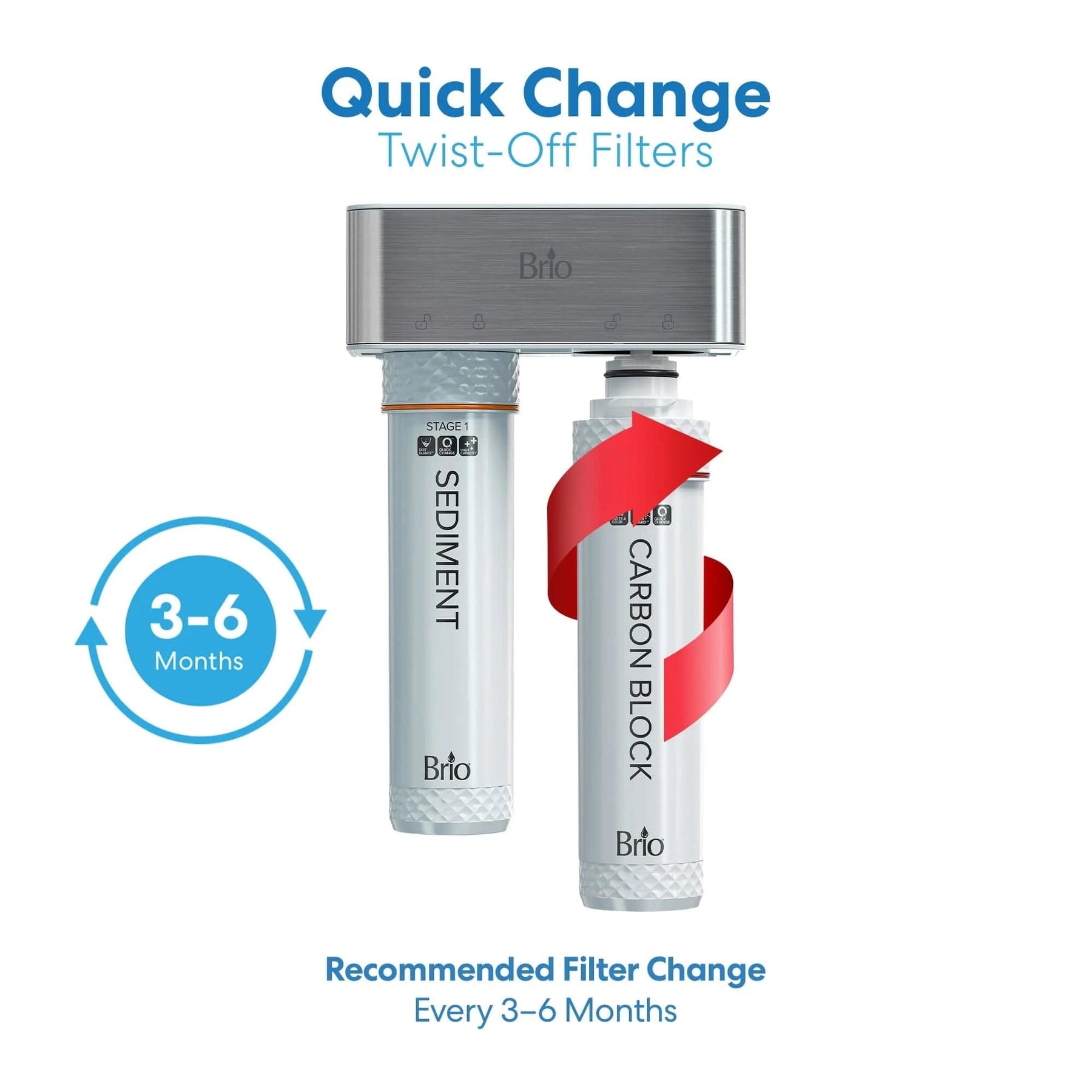 The Brio Stage 2 Carbon Block Filter – FUS200R, FUS300R features NSF-certified quick change twist-off design for lead reduction; recommended filter replacement every 3-6 months.