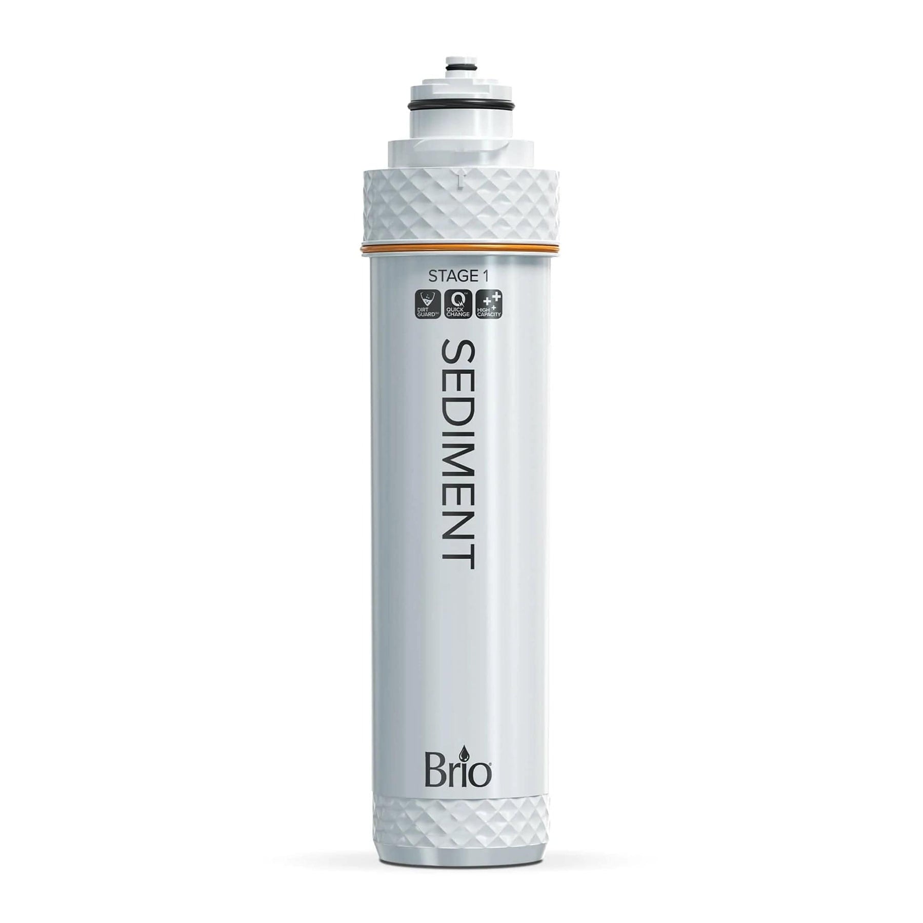 The Brio Stage 1 Sediment Filter – FUS200R, FUS300R features textured ends, “SEDIMENT” and “STAGE 1” labels, filtration icons for powerful performance, and an easy-to-replace design.