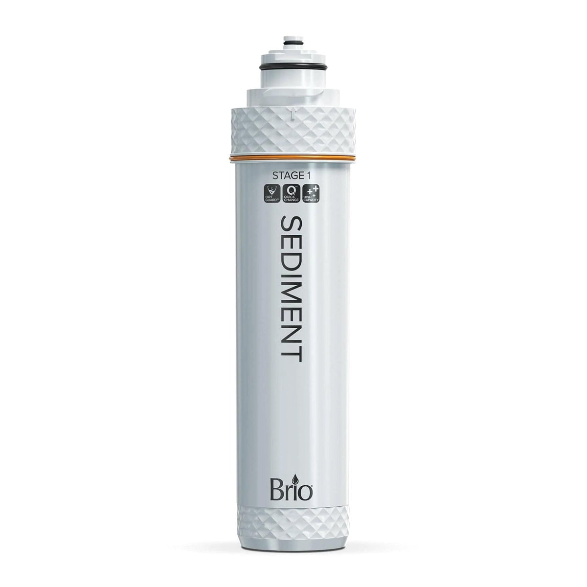The Stage 1 Sediment Filter for 2 & 3 Stage Under Sink Systems is a white cylindrical filter labeled “Sediment” with textured grips, water purification icons, and a quick-change design for effective filtration.