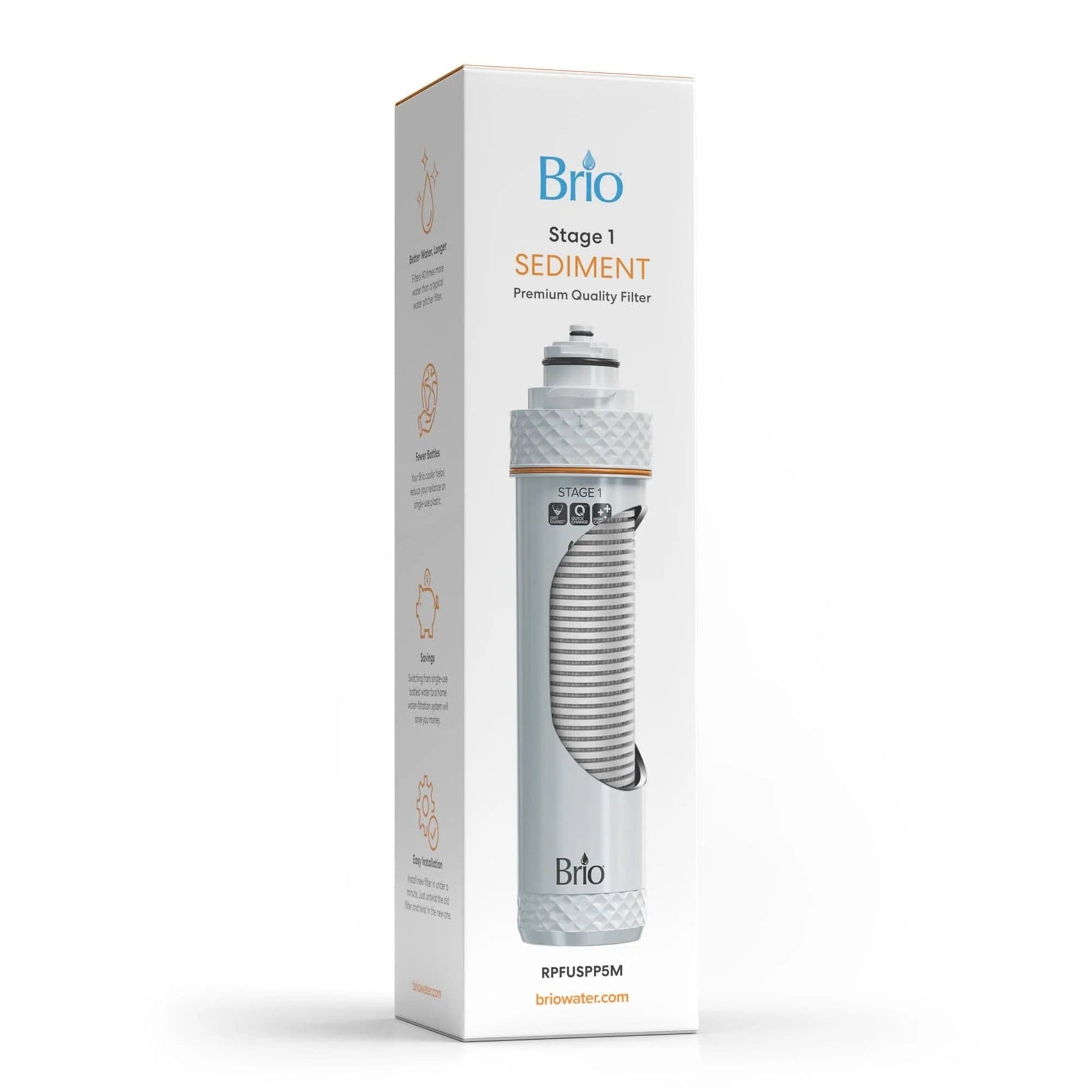 A white box with an image of the Brio Stage 1 Sediment Filter – FUS200R, FUS300R on the front features blue and orange text, highlights its powerful filtration, and displays the Brio Water website at the bottom.