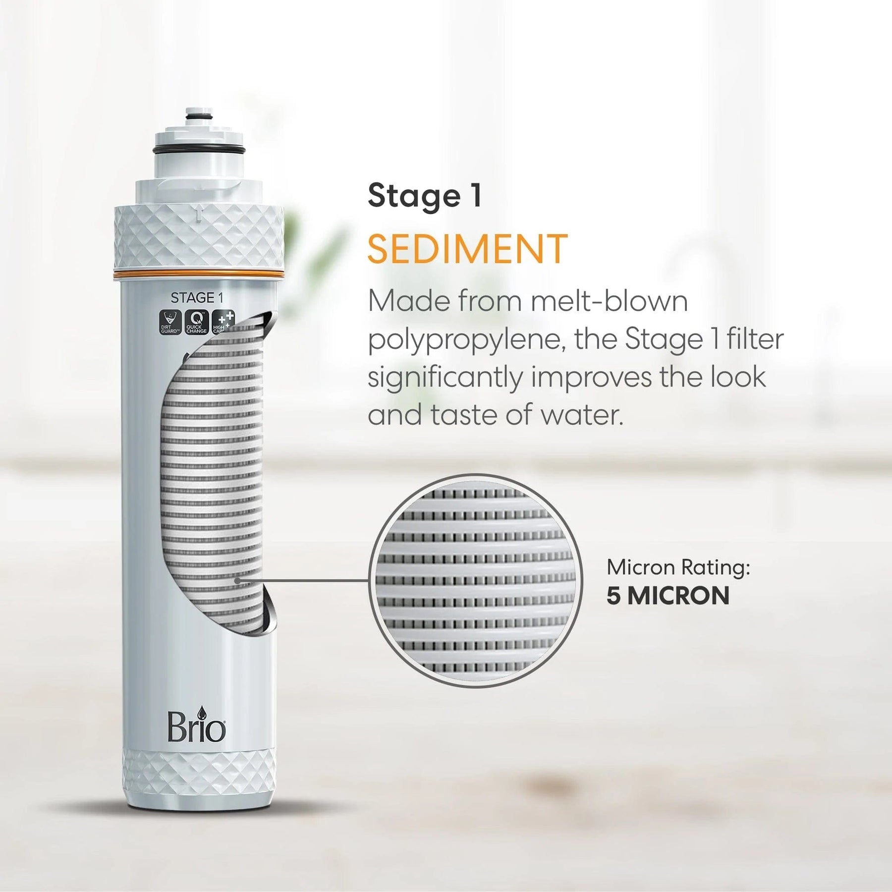The Brio Stage 1 Sediment Filter – FUS200R, FUS300R features 5-micron melt-blown polypropylene layers for effective filtration, enhancing water’s clarity and taste. Detailed text describes its benefits on a light background.