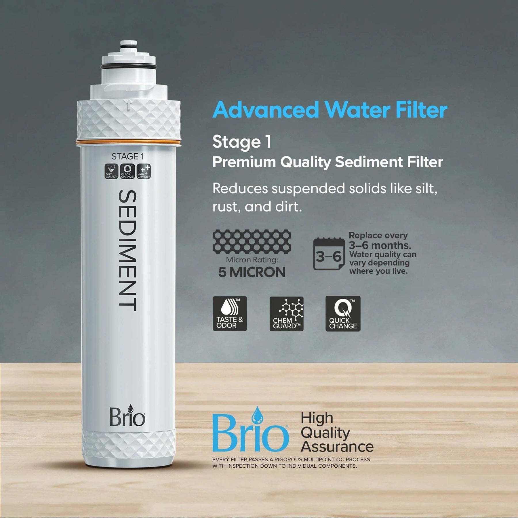 A Brio Stage 1 Sediment Filter – FUS200R, FUS300R stands upright on a wooden surface. Text highlights its premium filtration, effective solids reduction, and 3–6 month lifespan. Key features and the Brio logo are also visible.